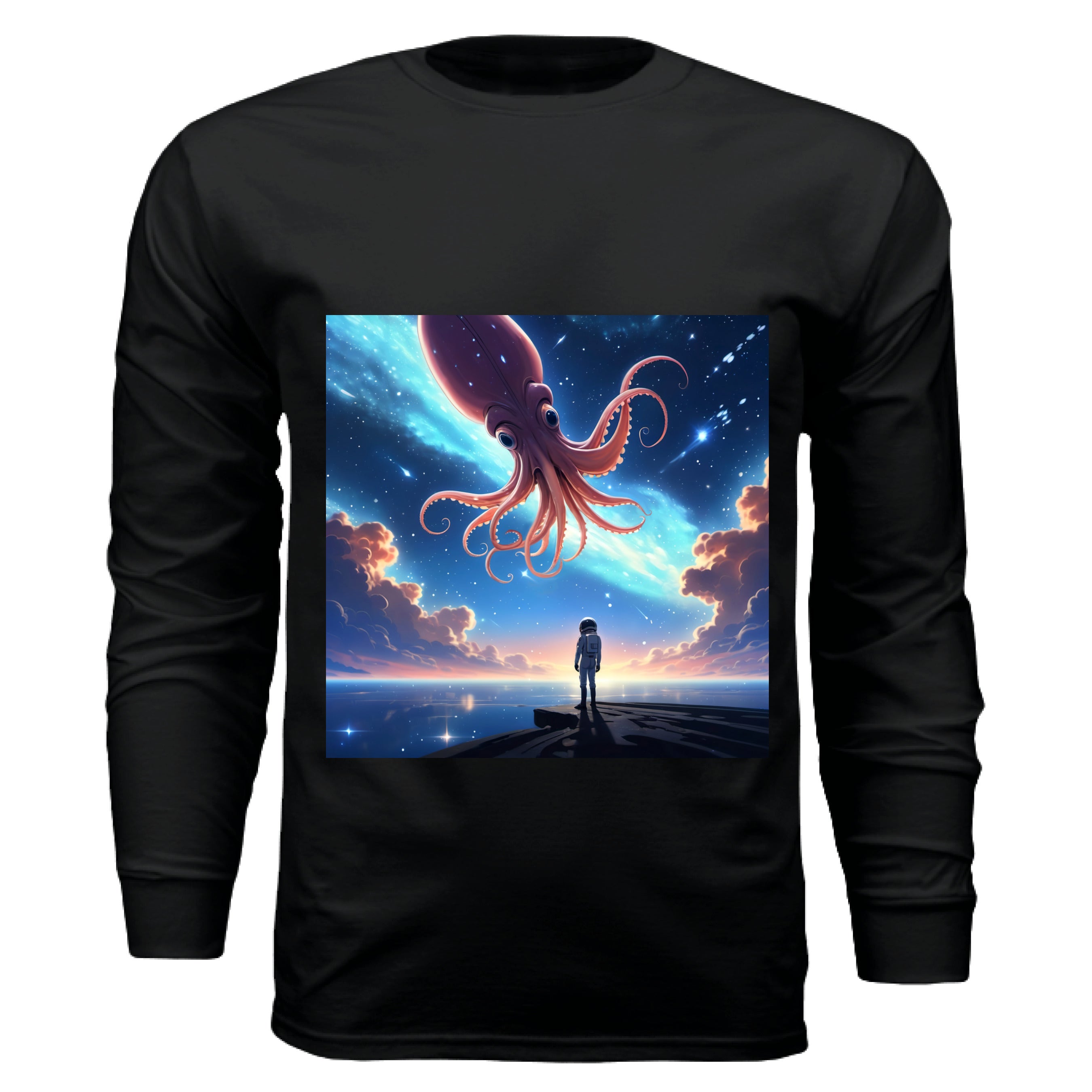 This is the Vintage Black Star Maker Long Sleeve by Lee Hansheng Studios. The illustration features a lone astronaut in white, standing on a dark surface gazing at a pink octo-squid alien, drifting through a sky. The sky is alive with stars, nebulae, and clouds. The clouds are drifting up at the right and left with pink/blue hues. The sky is a light blue and the drifting stars behind the animal is a light blue. It is against a white background. 