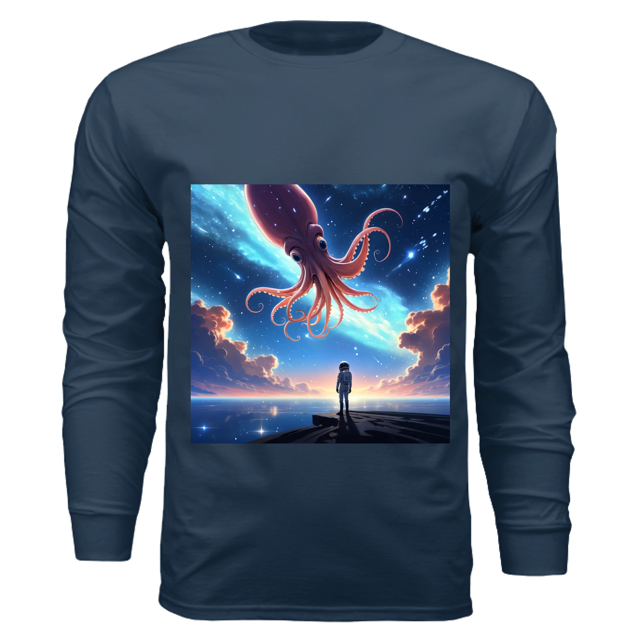 This is the Vintage Navy Star Maker Long Sleeve by Lee Hansheng Studios. The illustration features a lone astronaut in white, standing on a dark surface gazing at a pink octo-squid alien, drifting through a sky. The sky is alive with stars, nebulae, and clouds. The clouds are drifting up at the right and left with pink/blue hues. The sky is a light blue and the drifting stars behind the animal is a light blue. It is against a white background. 