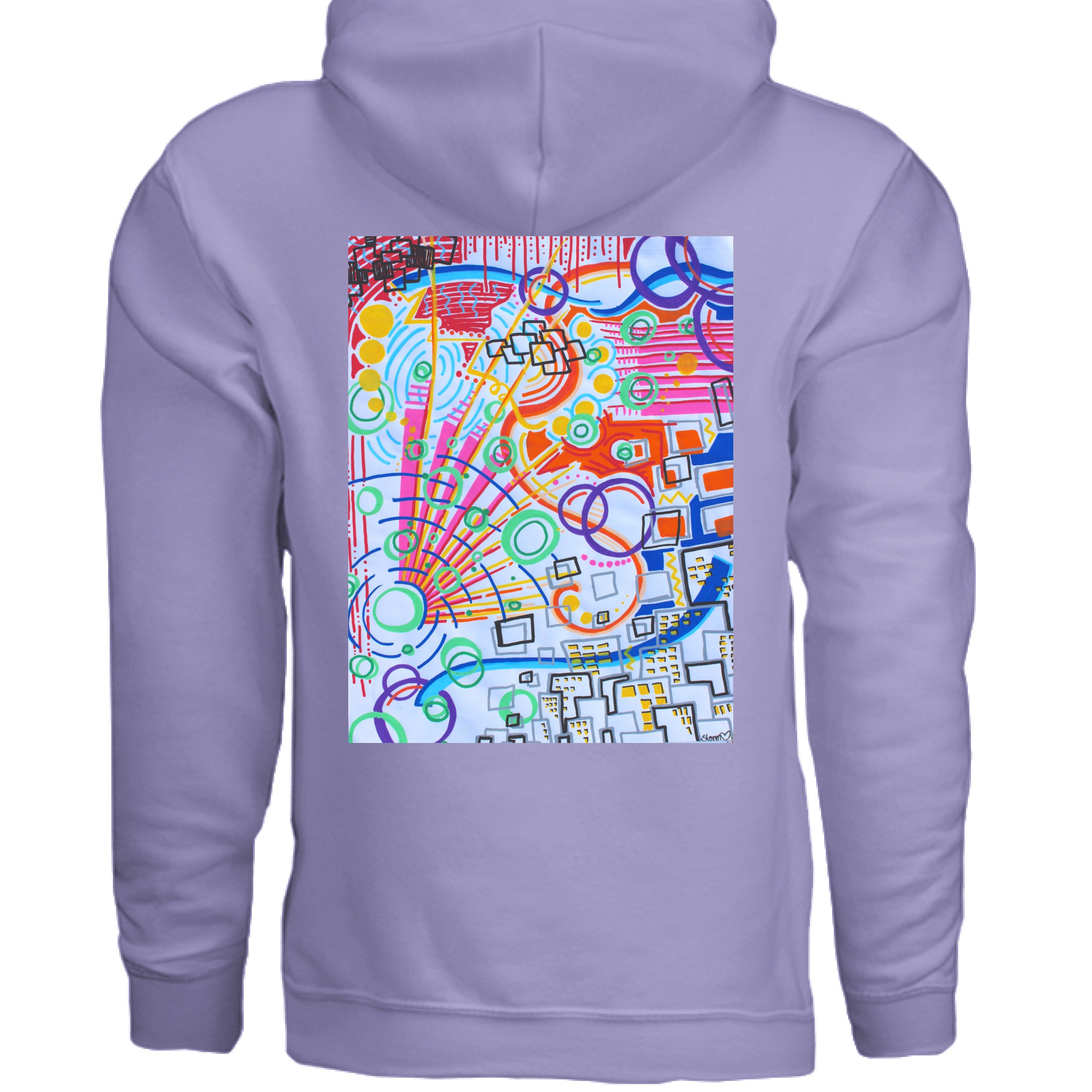 This is the Violet The City by Storm Garden Studio. This image is showcasing the front of the hoodie. There are two drawstrings attached to the hood with a large pouch from the middle to the bottom. On the left breast pocket is the image of the studio logo. The logo is a plant that has two leaves, one of the leaves is bitten with a spiderweb and spider on the it. The flower of the plant is a lightbulb. The logo is all in black and against a white background. 