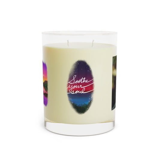 This is the Soothe Your Soul and Choose Zen by Lee Hansheng Studios. This is the front of the glass candle which is white tea and fig scented. There is a wrap-around print on the candle which showcases an illustration of a night sky with white twinkling stars, pink, purple and blue colors. The words shows, "soothe your soul". The candle is against a white background. 
