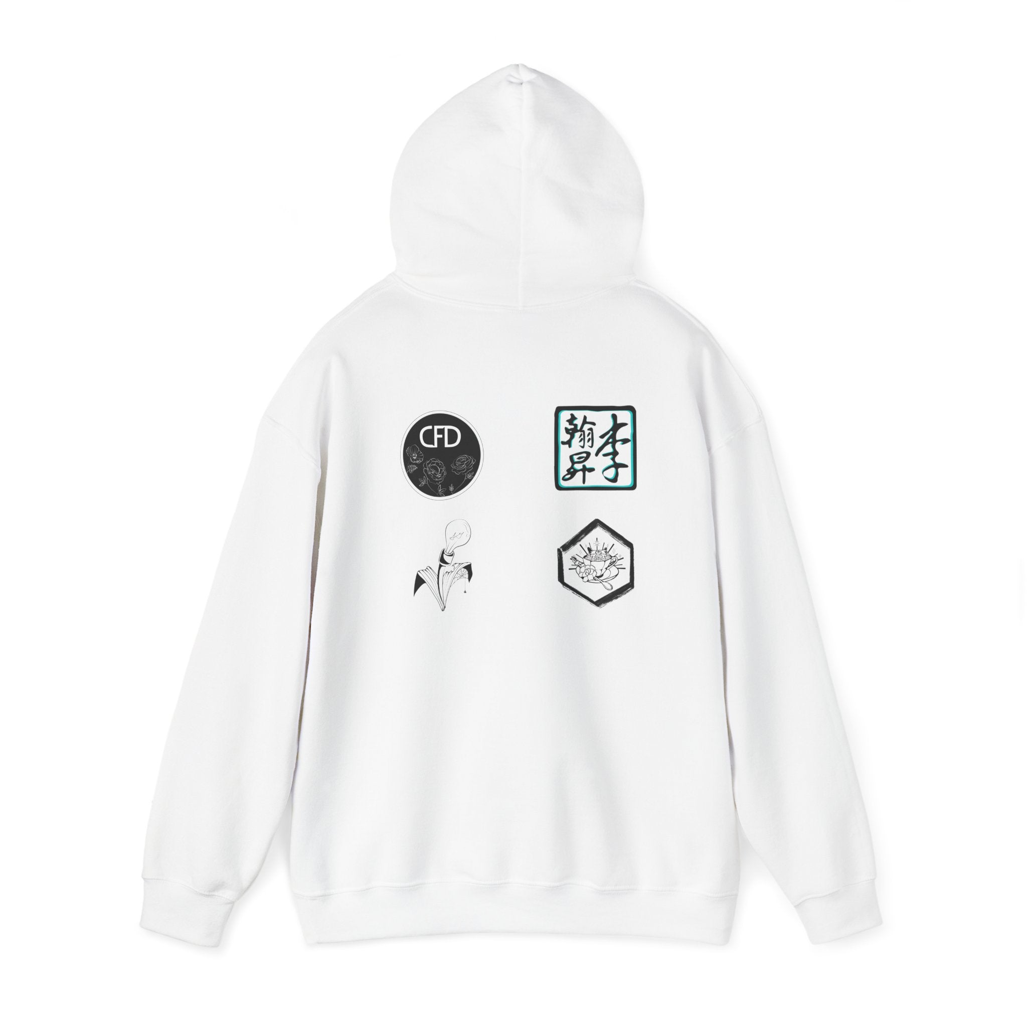 This is a White ACI hoodie showcasing the back of it. The hood is lifted up and the four studios' logos are between the shoulder blades. The logos are printed in mostly white and black. There is some bright blue for one of the logos. The sleeves and end of the hoodie have stitching by the wrist and waist areas. The rest of the hoodie is the color white.