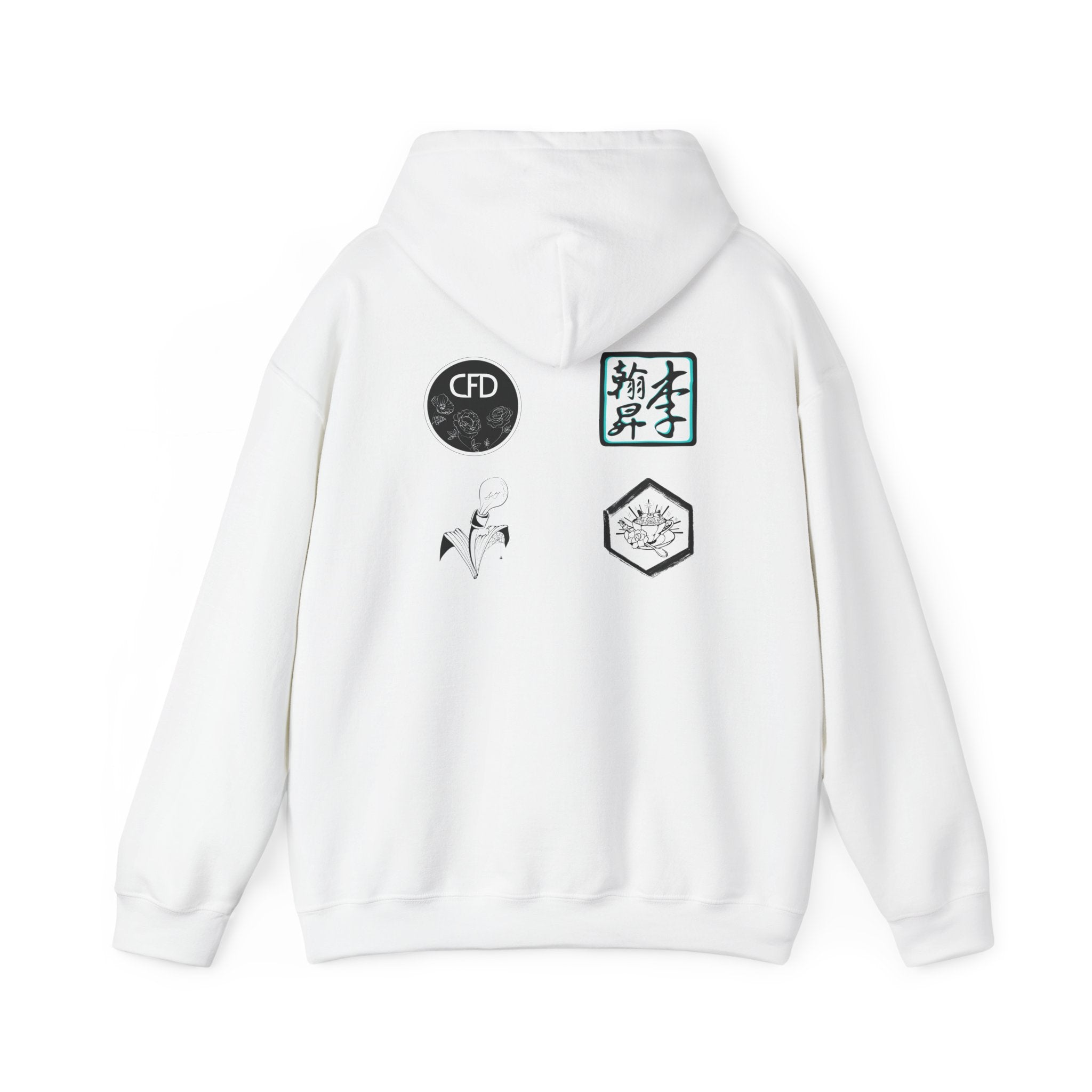 This is a White ACI hoodie showcasing the back of it. The hood is not lifted up and the four studios' logos is right below the hood. The logos are printed in mostly black and white. There is one logo that is outlined in a bright blue. The sleeves and end of the hoodie have stitching by the wrist and waist areas. The rest of the hoodie is the color white.