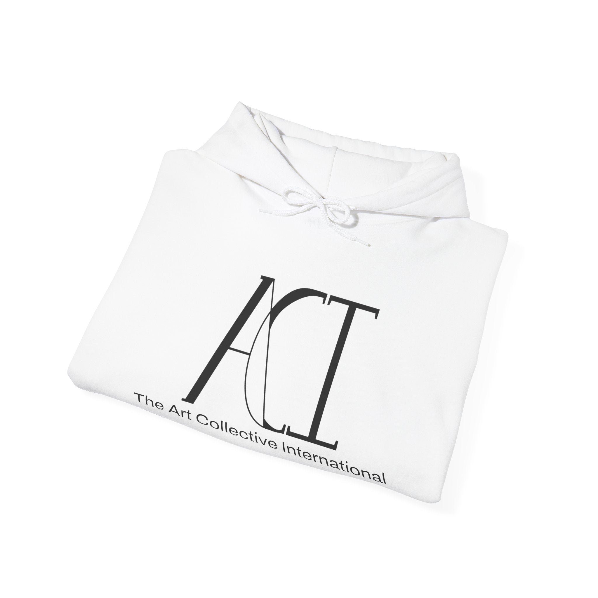 This is the White ACI Hoodie that has been folded to show the front. The ACI logo is large and printed in black.  Right underneath the logo is "The Art Collective International" printed smaller and in black. The drawcord is tied in a bow and color matched to the rest of the hoodie.