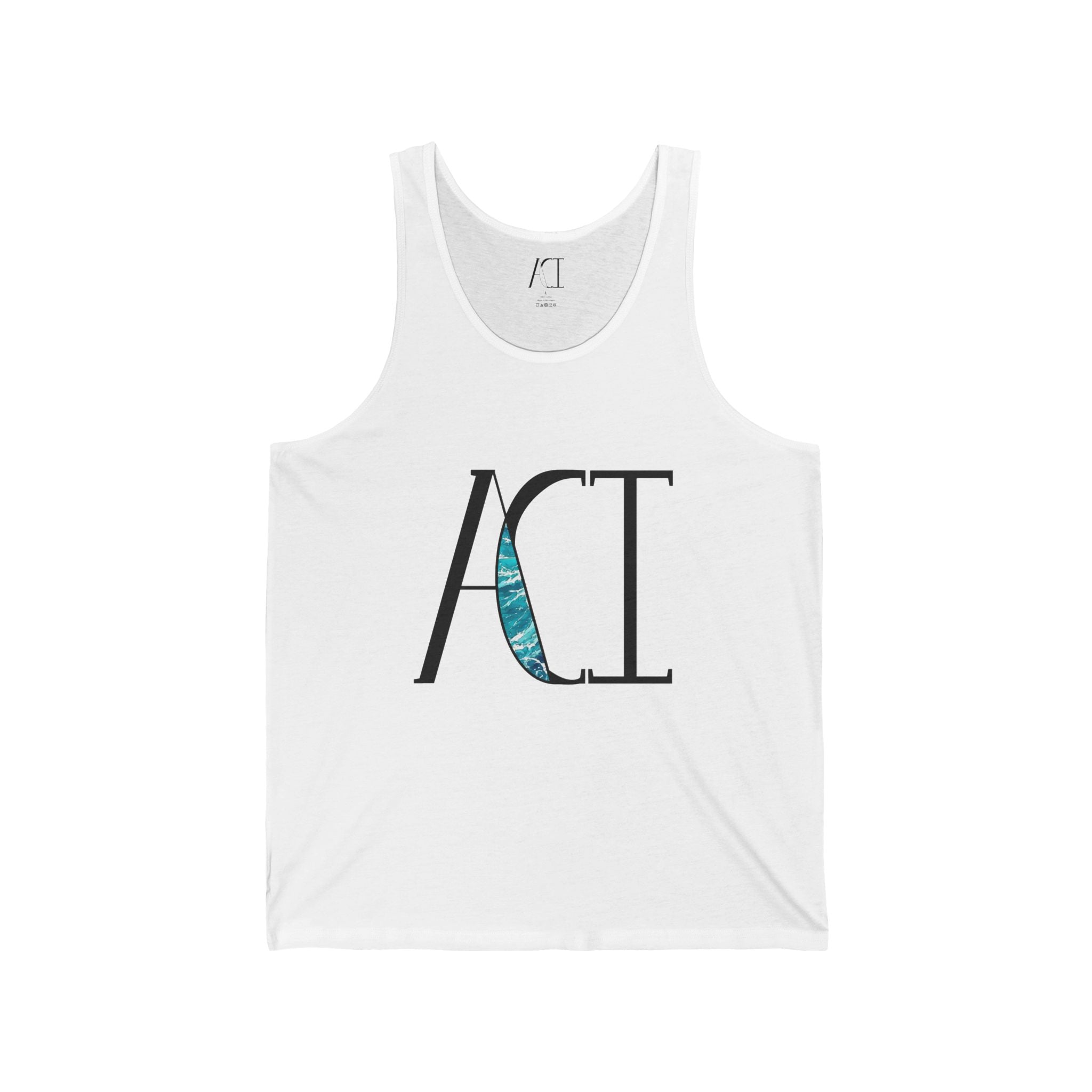 This is the White ACI Swirling Seas Tank that is part of the Art Collective Merch. It has the ACI logo and size label in black. The ACI logo is placed in the center and has the blue sea illustration where the "A" and "C" connect. It is against a white background. 