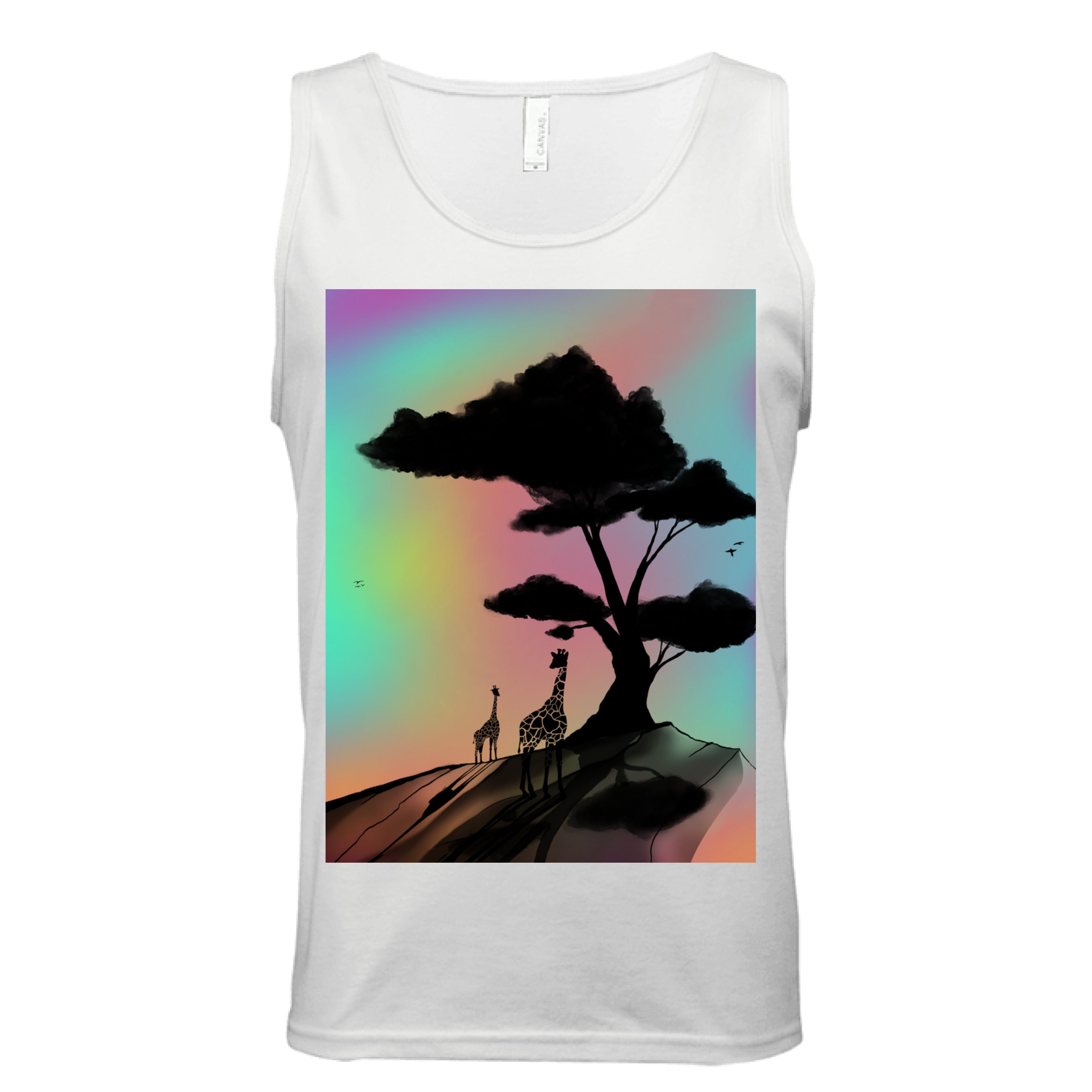 This is the White At A Glance Tank by Lee Hansheng Studios. This is showcasing the front of the tank. The illustration is a sillouhette of a large tree, two giraffes on a rocky hill. In the background are hues and gradients of green, yellow, purple, and red. The giraffes are looking towards to each other. It is against a white background.