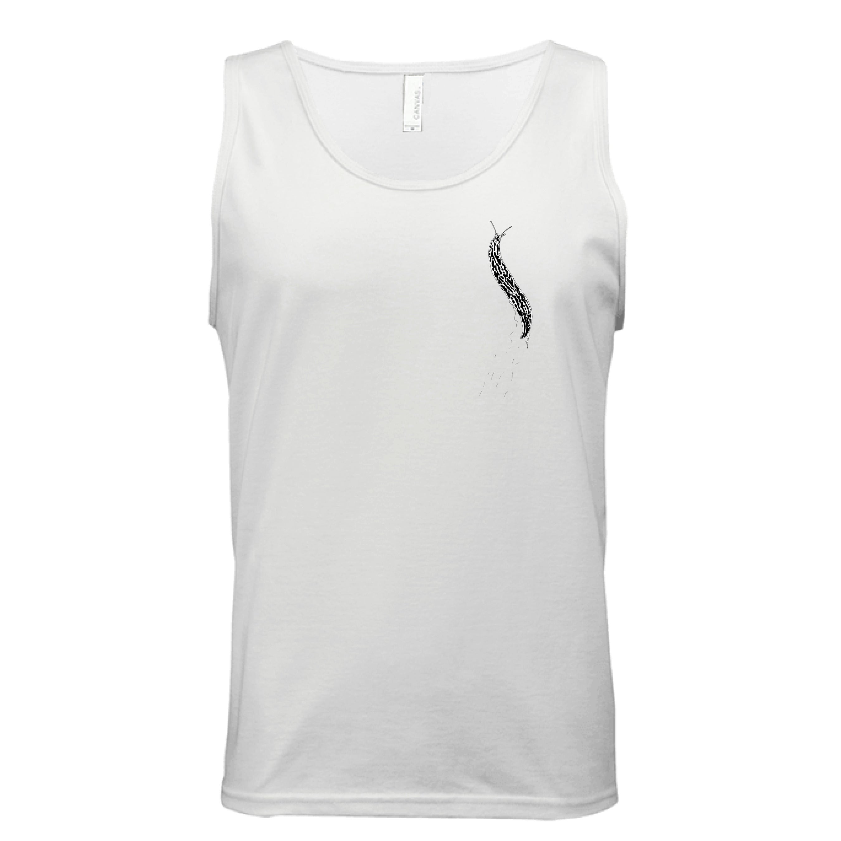 This is the White Banana Slug Tank by Storm Garden Studio. This showcases the front of the tank. There is a banana slug in black and white on the left chest. There is a large pouch too. It is against a white background. 