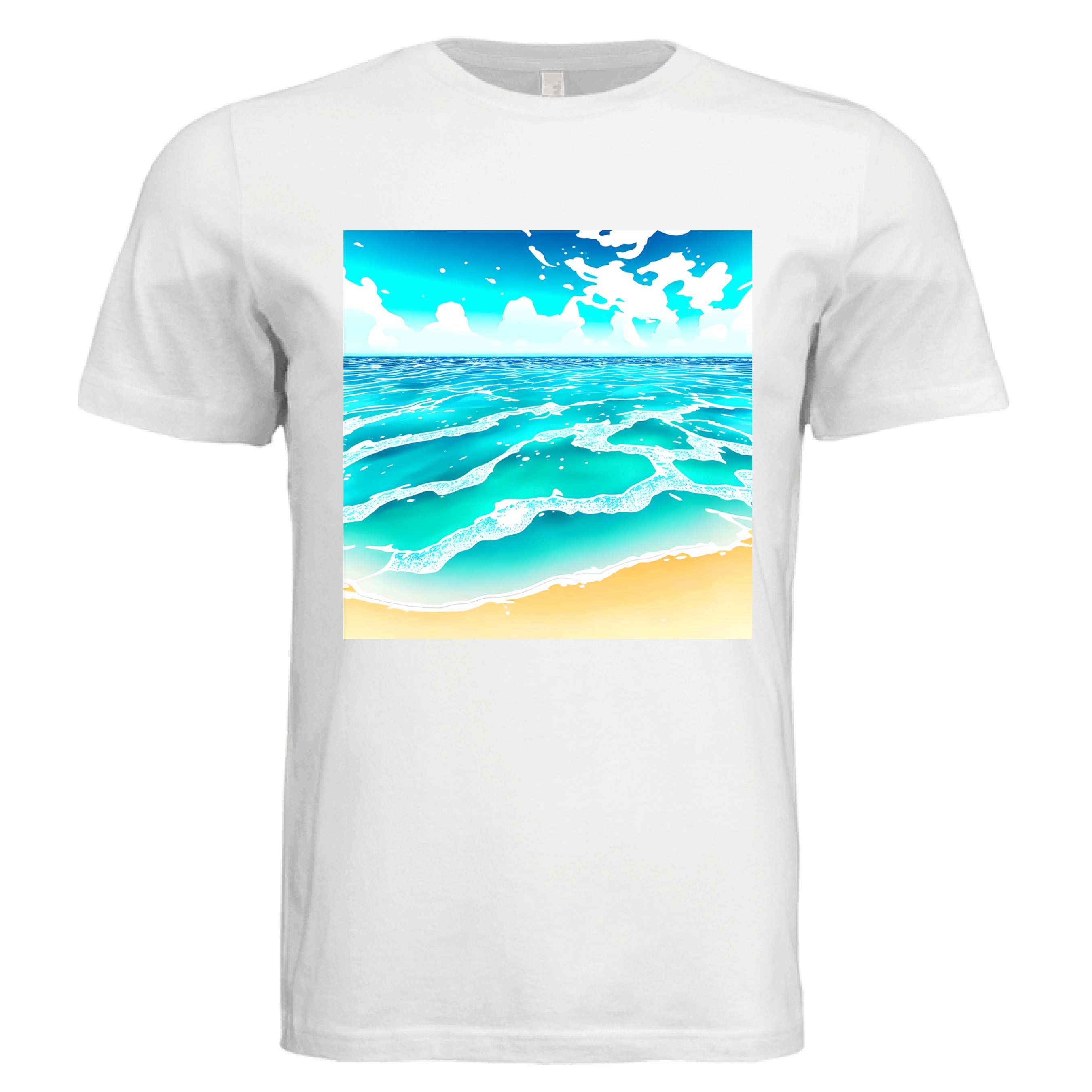 This is the White Beach Life T-Shirt by Lee Hansheng Studios. This showcases the front of the shirt. The squared illustration captures rolling turquoise waves, crisp white foam, and a stretch of golden sand under a brilliant blue sky that has clouds floating in the horizon. The sky is a gradient from light blue to darker blue. The shirt is against a white background. 