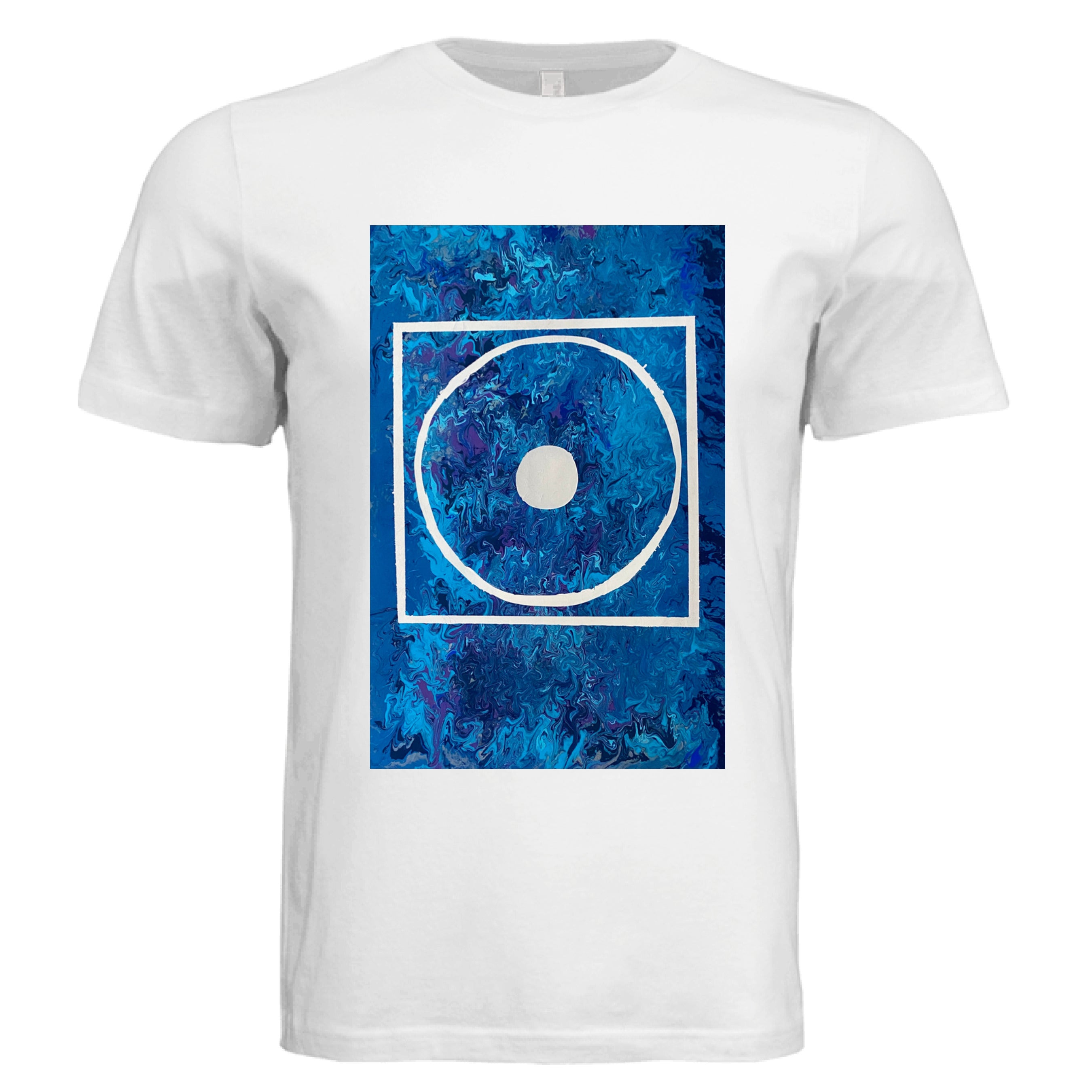 This is the White Big Low T-Shirt by Storm Garden Studio. This is showcasing the front of the shirt. The illustration is rectangular and has a white filled in dot, within a outlined circle, within a outlined rectangle. The background is a mix and dip of different blues. The shirt is against a white background.