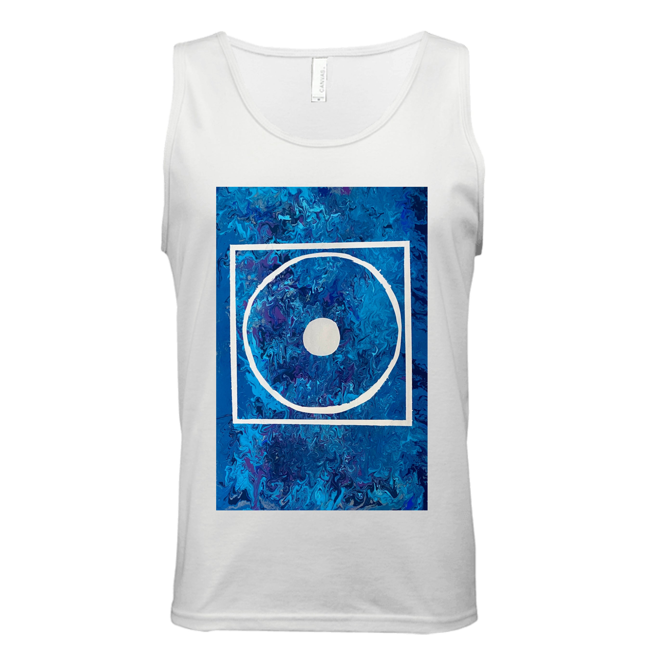 This is the White Big Low Tank by Storm Garden Studio. This is showcasing the front of the tank. The illustration is rectangular and has a white filled in dot, within a outlined circle, within a outlined rectangle. The background is a mix and dip of different blues. It is against a white background.
