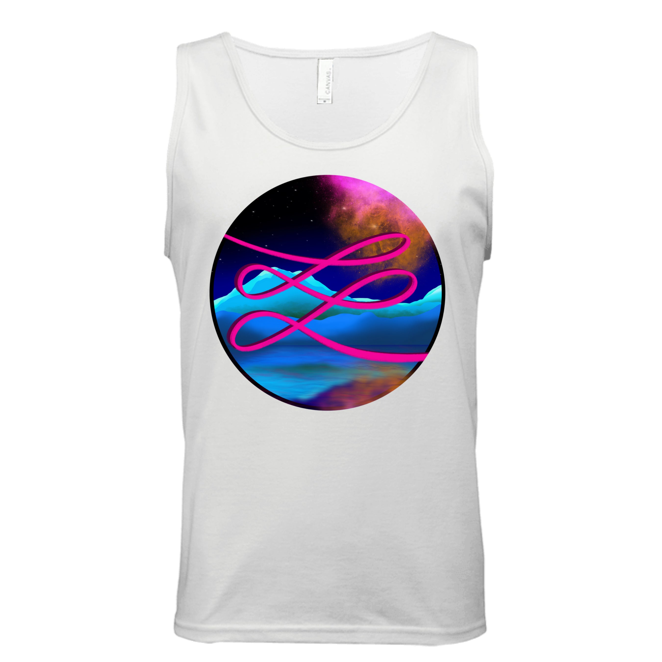 This is the White Calligraphers Swirl Tank by Lee Hansheng Studios. This is showcasing the front. The illustration is circular and has a neon pink handwritten lines across the whole art. The background is a cosmic drop with blue mountains, galaxy like sky with dark purple, pink and orange colors. It is against a white background.