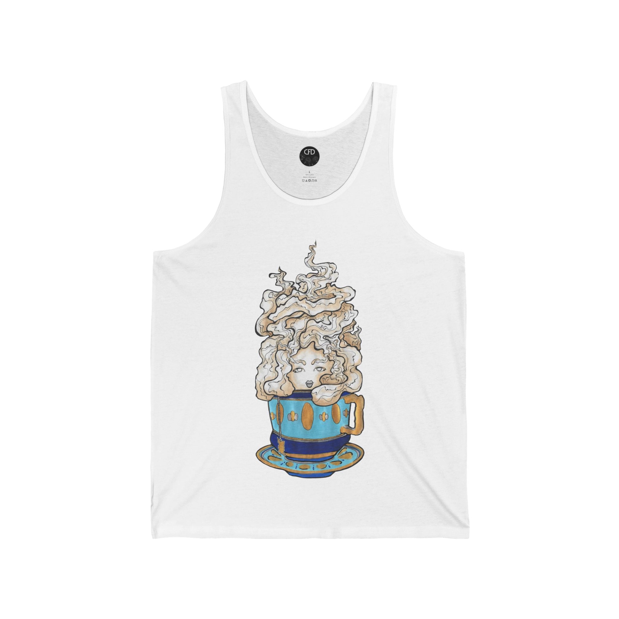This is the White Earl Grey Tank by Chris Foster Design. This showcases the front of the tank. The illustration is of a gold, light blue and dark blue teacup with a tan, yellow and white steam. The steam is swirly and goes up and outwards. In the middle is a lady's face. The circular studio logo is on the inside of the tank printed in white, the size label is printed in white. It is against a white background.