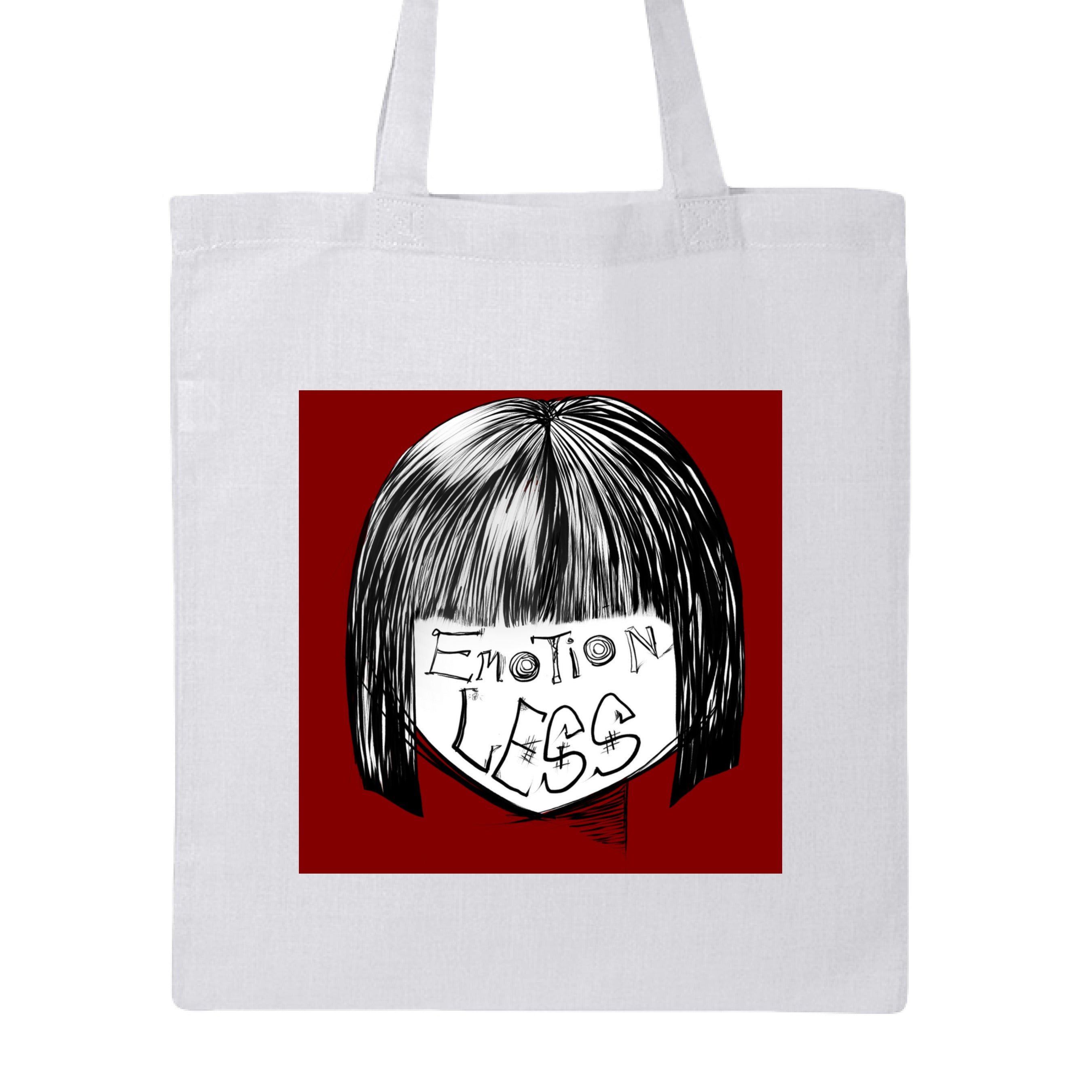 This is the White Emotionless Canvas Tote by Lee Hansheng Studios. This is showcasing the front. This illustration is squared and features exploring themes of identity, silence, and hidden emotion through stark contrasts of black, white, and deep red. There are the words,"Emotionless" written in black on the face. Hair is white and black and the background is a dark deep red. The tote is against a white background. 