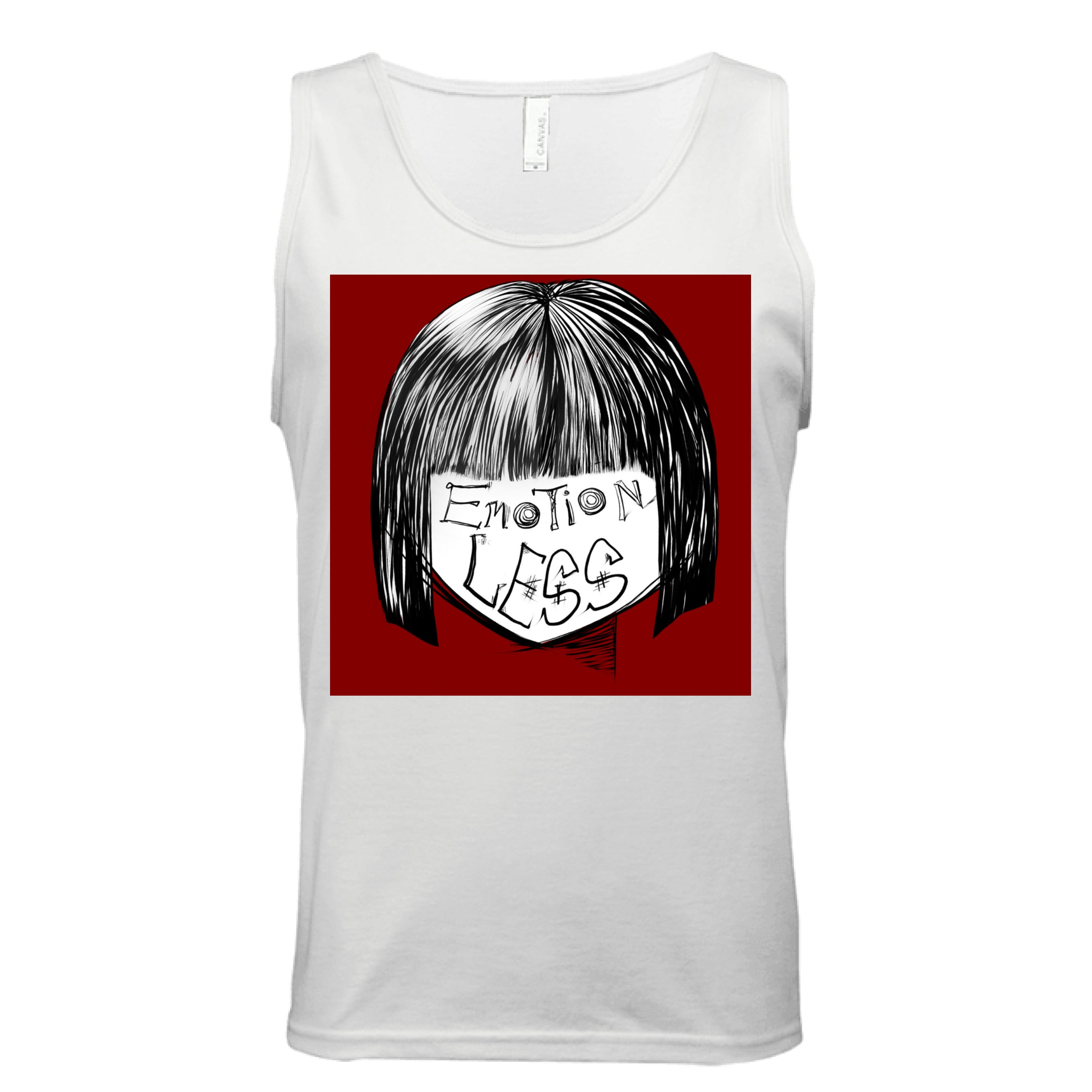 This is the White Emotionless Tank by Lee Hansheng Studios. This is showcasing the front. This illustration is squared and features exploring themes of identity, silence, and hidden emotion through stark contrasts of black, white, and deep red. There are the words,"Emotionless" written in black on the face. Hair is white and black and the background is a dark deep red. The tank is against a white background.