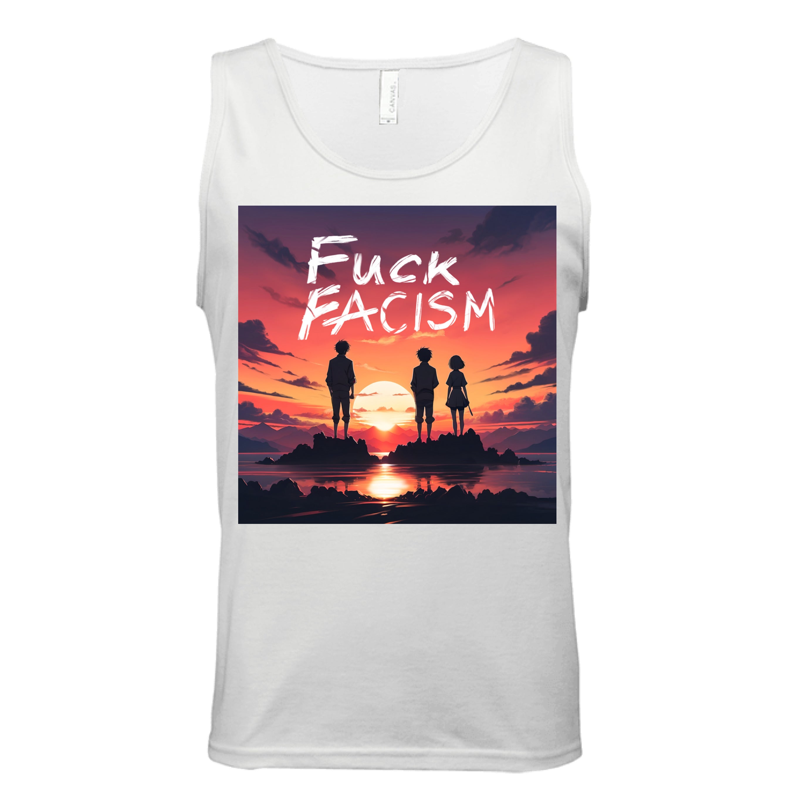 This is the White Fuck Fascism Tank by Lee Hansheng Studios. This is showcasing the front of the tank. The illustration has a blazing yellow/red sunset sky, three figures, two guys, one lady stand united, their silhouettes facing towards the sunset on rocky land floating in the middle of the water. The words in white, "FUCK FACISM" near the top. Clouds surrounding the right and left of the tank. The white size label can be seen from the back of the tank. It is against a white background. 