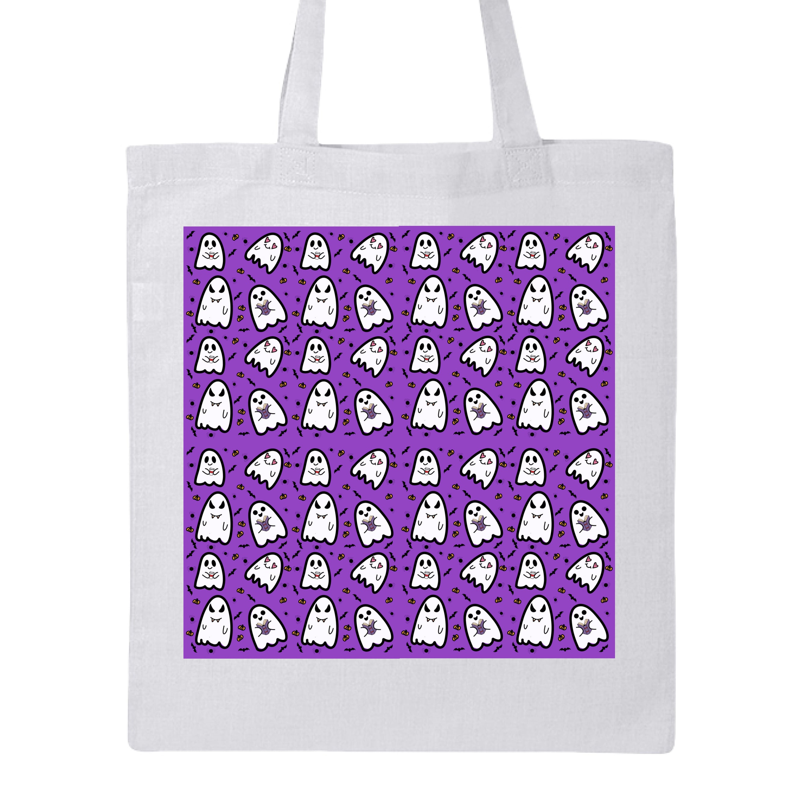 This is the White Ghostie Canvas Tote by Dazzle & Daggers Design. This is showcasing the front. The handles are color matched. The illustration is square with a cute ghostie pattern. The background of the illustration is purple with small bats, pumpkins and spiders. The ghosts have a range of expressions like heart eyes, book reading with an excited expression, evil vampire and happy ghostie with a red striped coffee to go mug. The tote is against a white background.