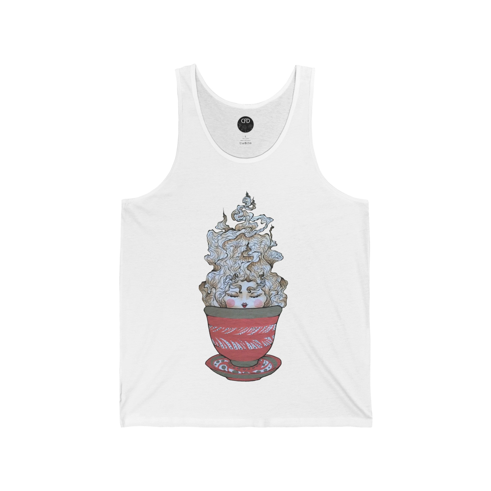 This is the White Green Tea Tank by Chris Foster Design. It comes in sizes XS-2XL and shows the front of the shirt. The illustration is a red,white and dark green teacup with plate set. The mist from the teacup is white and red going upwards. There is a lady face in the middle of the teacup with red blushing cheeks, red open lips and eyebrows that float outwards. On the inside of the shirt is the CFD black circular logo with flowers and print in white. The size label beneath logo is printed in black.