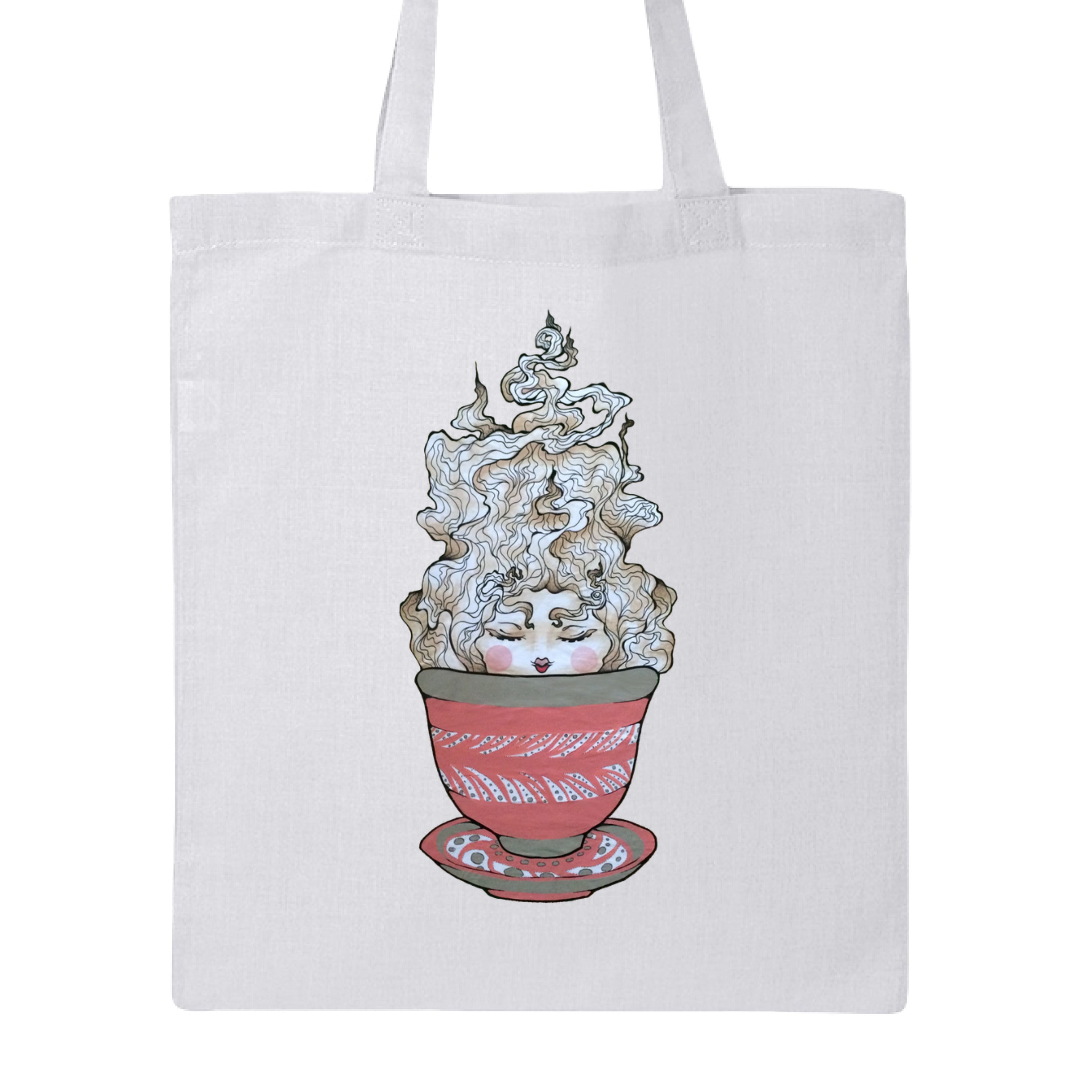 This is the White Green Tea Canvas Tote by Chris Foster Design. This is showcasing the front of the tote. The illustration is a tea sprite. There's a woman's face with curly hair/steam that is white and tan/beige inside an intricately designed pink/red teacup with a saucer that has white and black dashes or swirl patterns. The tote is against a white background. 