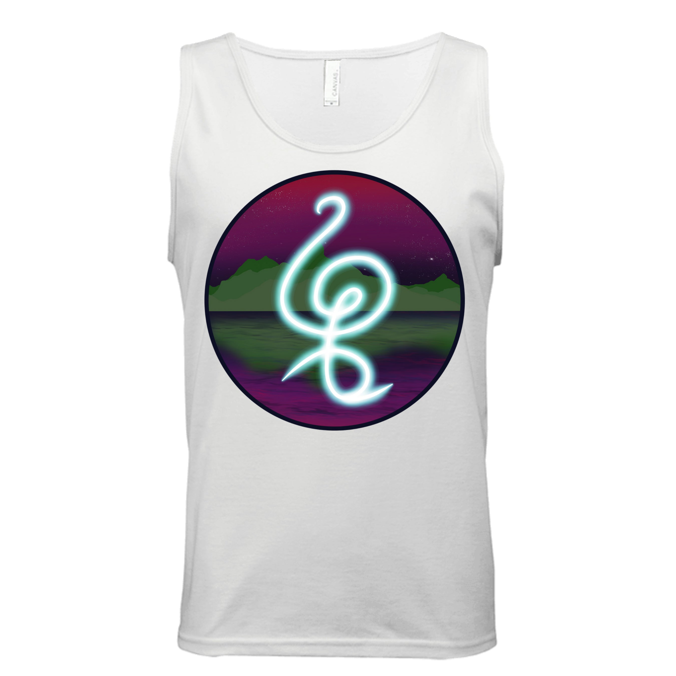 This is the White Hakuna Matata Tank by Lee Hansheng Studios. This is showcasing the front. The illustration is circular and has a glowing, freeform symbol in luminous turquoise against a cosmic horizon of deep purples and greens with twinkling yellow stars. White size label can be seen from inside. It is against a white background.  