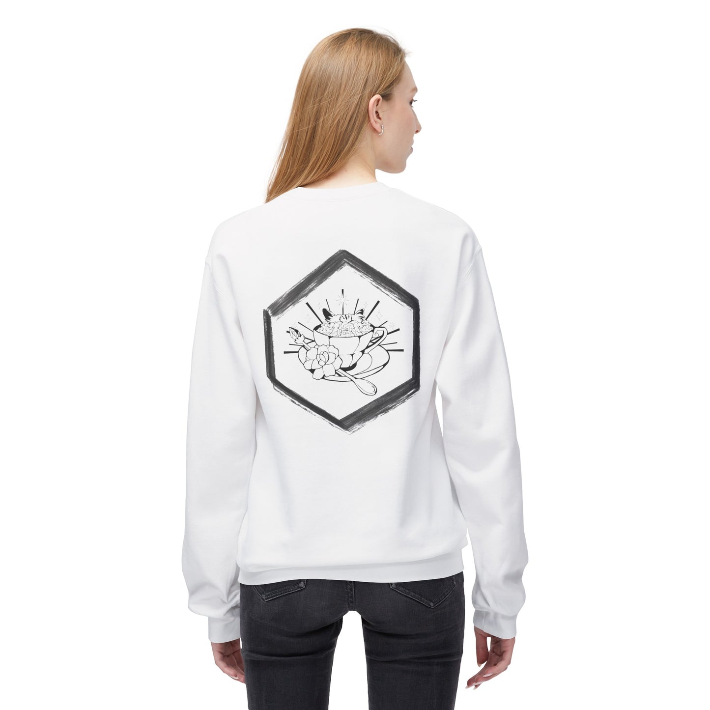 This is the White Ah, Hex Crewneck by Tidy Tea Witch. This showcases the back where the studio's logo is near the upper to middle back of the crewneck,white a black with hand painted like features on the border.In the middle is a teacup,a saucer and crystal spoon.There's a large flowering covering the spoon,flowers filling it to the fullest,stars and lines exploding in the background and cat ears popping out of cup. A lady wearing black jeans,hands to the side,looking to the right is showing the back of it.