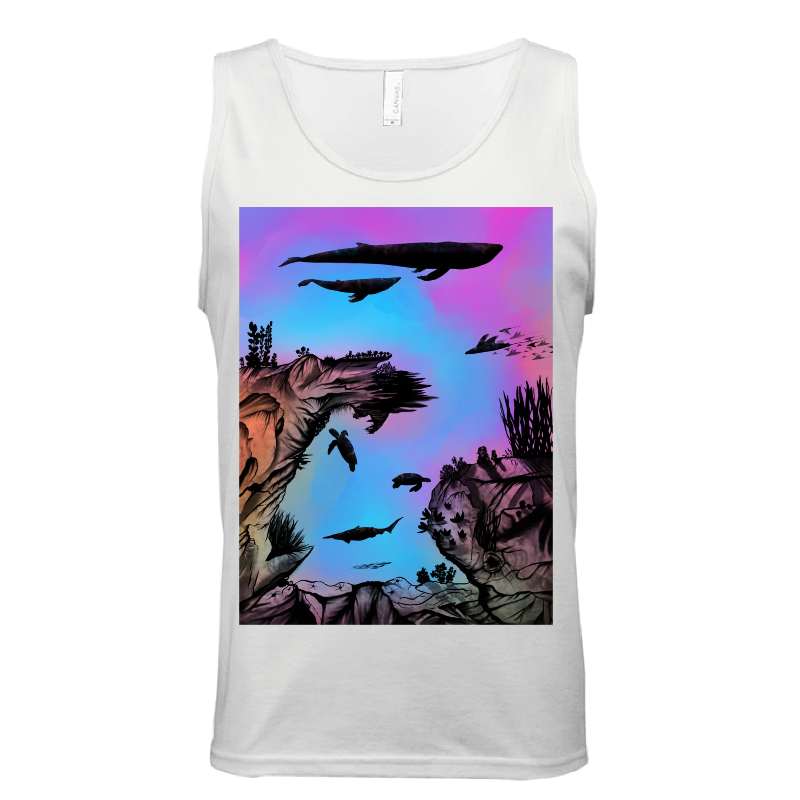 This is the White Into the Abyss Tank by Lee Hansheng Studios. This is showcasing the front of the tank. The illustration is of an otherworldly underwater world alive with graceful black silhouettes drifting against a luminous gradient of blues, purples, and warm tones throughout the water. To the left, right and bottom are sediment, rocks, seaweed throughout. The top has a humpback whale, another whale, below are a pool of mantis rays, two sea turtles, sea of fish. The white size label can be seen.