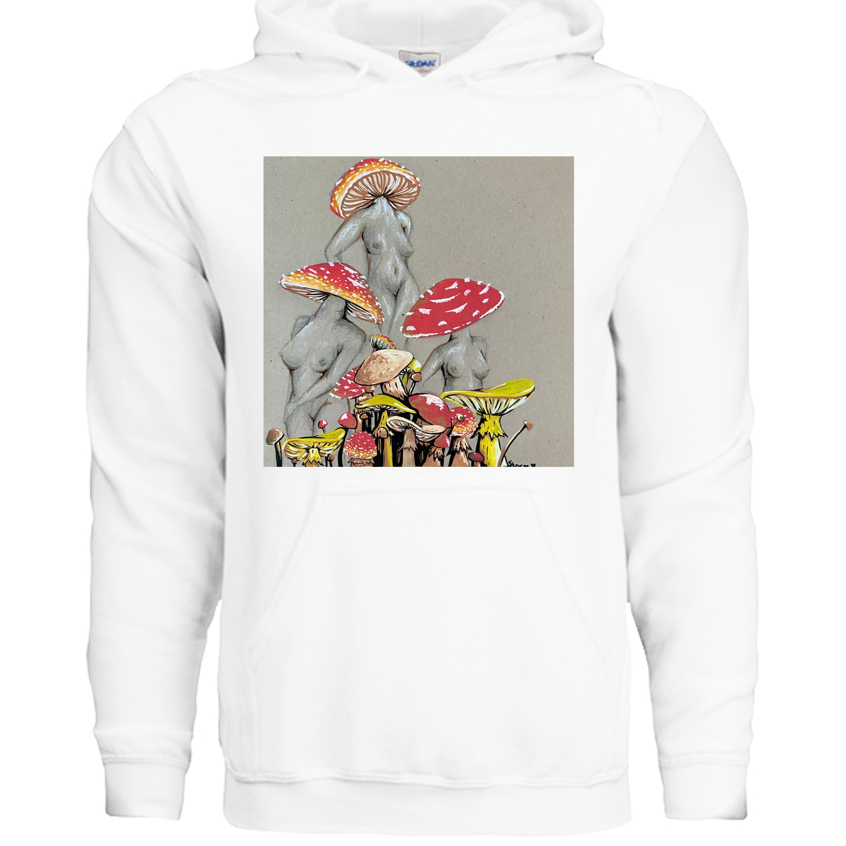 This is the White Miss Amanita Hoodie by Storm Garden Studio. This is showcasing the front. This illustration is on tan/grey background. There are three fusions of female human anatomy and mushroom fungi. Their heads are different styles of mushrooms, bodies are a gray/white outlined in brown. Below are different mushrooms and shapes with a mix of tan, red, white and yellow colors. The pouch is right under the image and drawstrings on the hoodie. It is against a white background. 