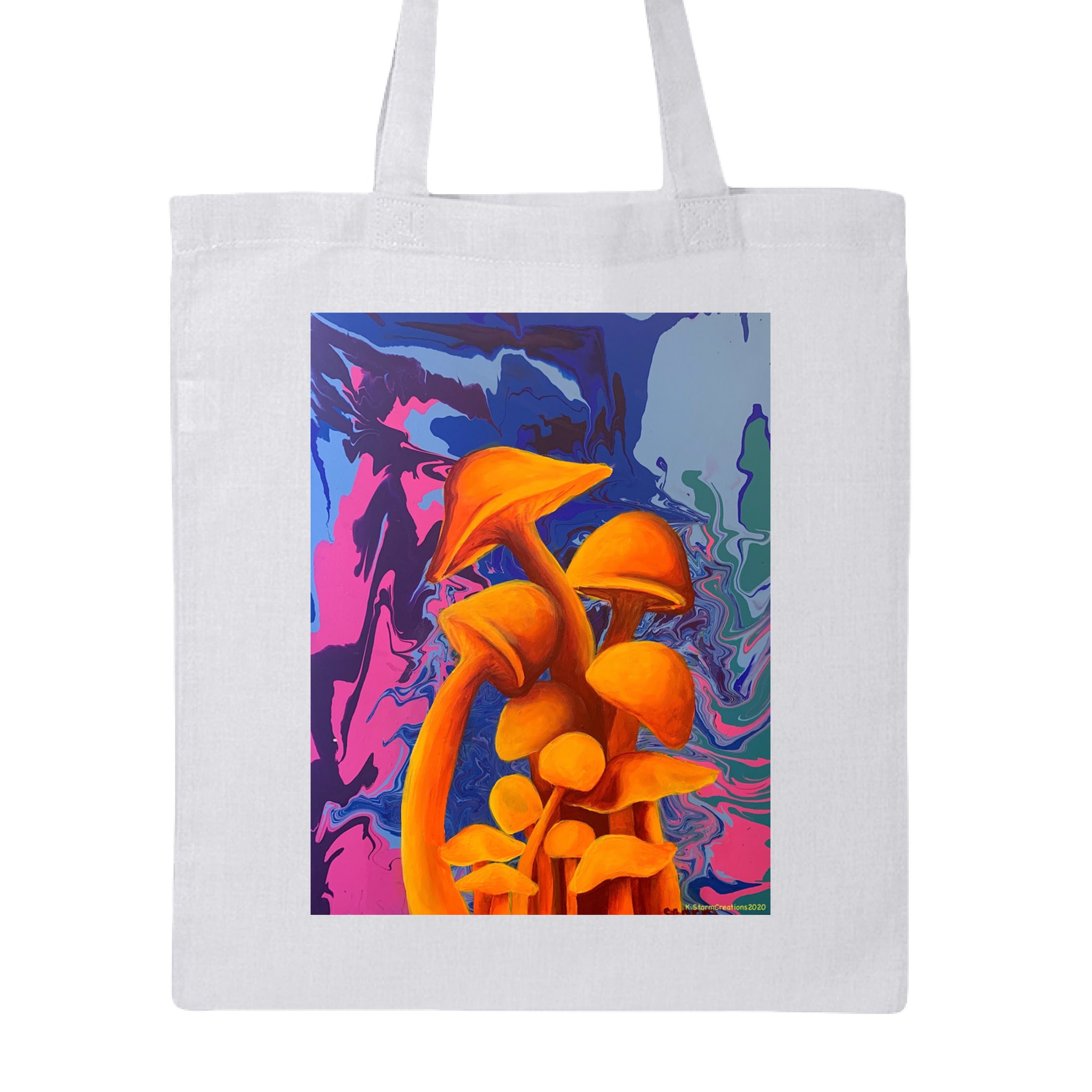 This is the White Mushroom Canvas Tote by Storm Garden Studio. This is showcasing the front of the tote. The illustration is of 11 blazing orange fungis with a swirling background that includes blue, green, dark blue, purple and pink colors. The mushrooms are different shapes and sizes starting form the middle and reaching towards the top. It is against a white background.