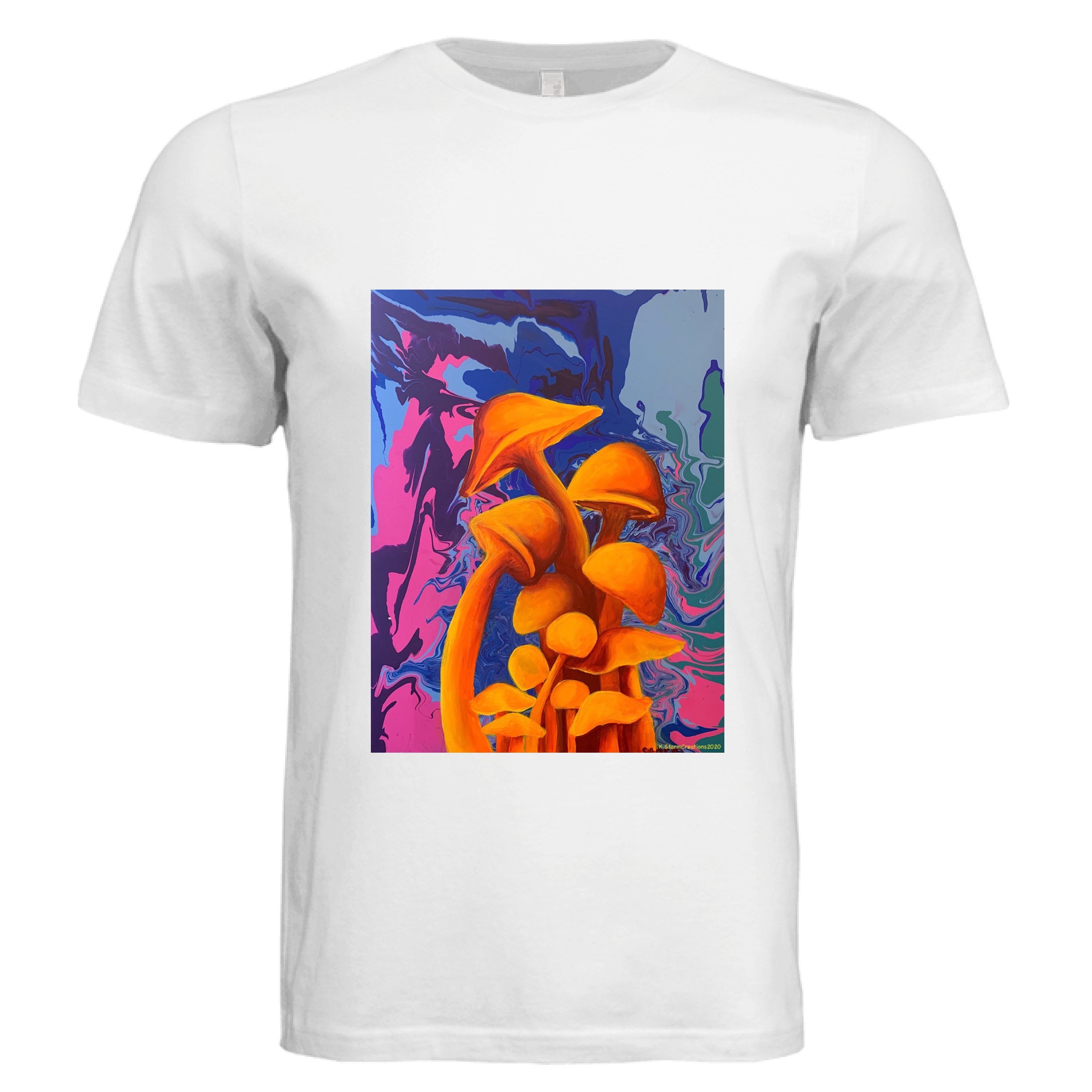 This is the White Mushroom T-Shirt by Storm Garden Studio. This is showcasing the front of the shirt. The illustration is of 11 blazing orange fungis with a swirling background that includes blue, green, dark blue, purple and pink colors. The mushrooms are different shapes and sizes starting form the middle and reaching towards the top. It is against a white background.