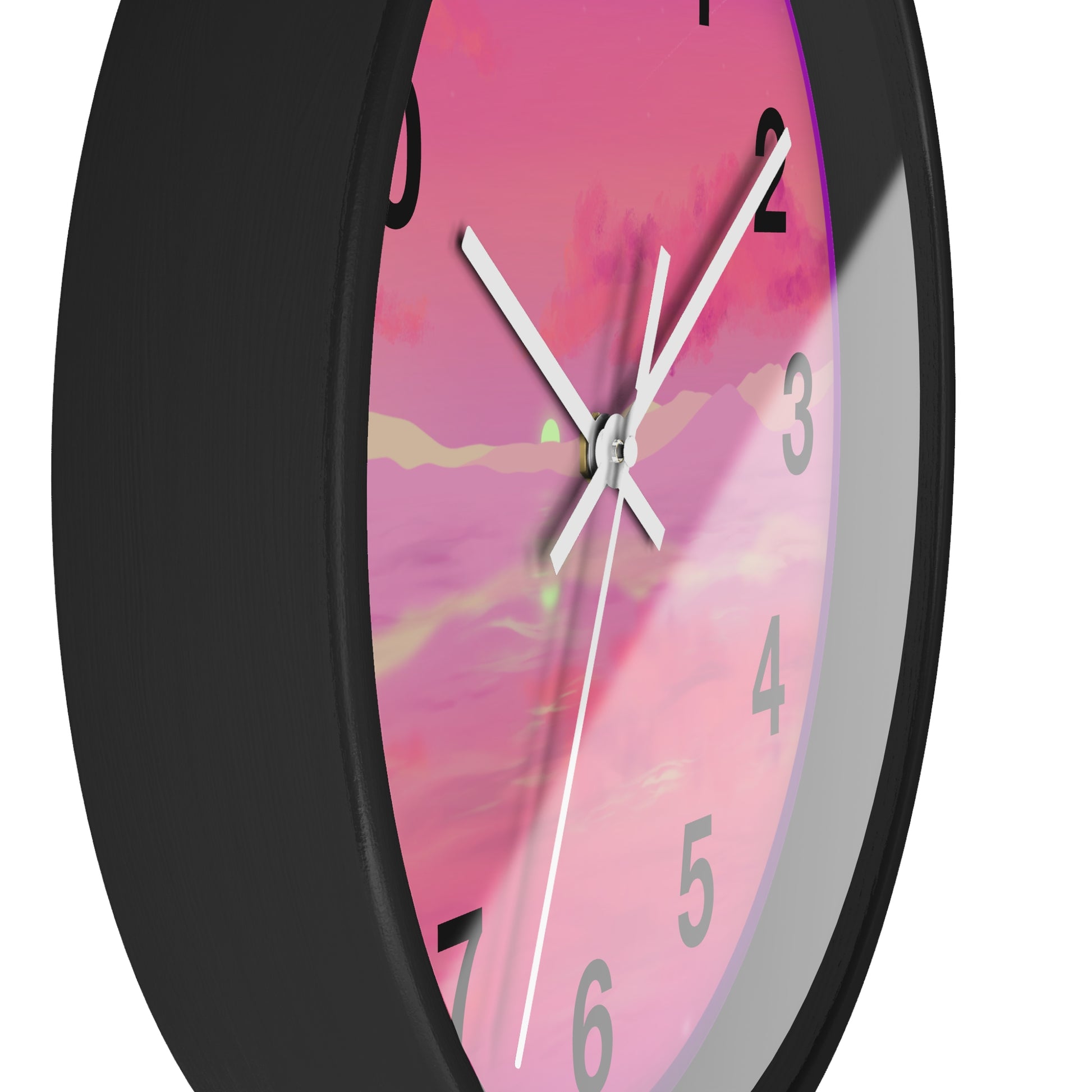 This is the 10" Black Base Pink Dreamscape Wall Clock with white hands by Lee Hansheng Studios.The image is from the side which shows the rim of the clock. There are two white clock hands, black numerals and the illustration behind it.The illustration has the sky and clouds. Different pinks and hues blended into the clouds and spreads outwards.There are dark purples on the side and yellows near the middle of the art piece. 