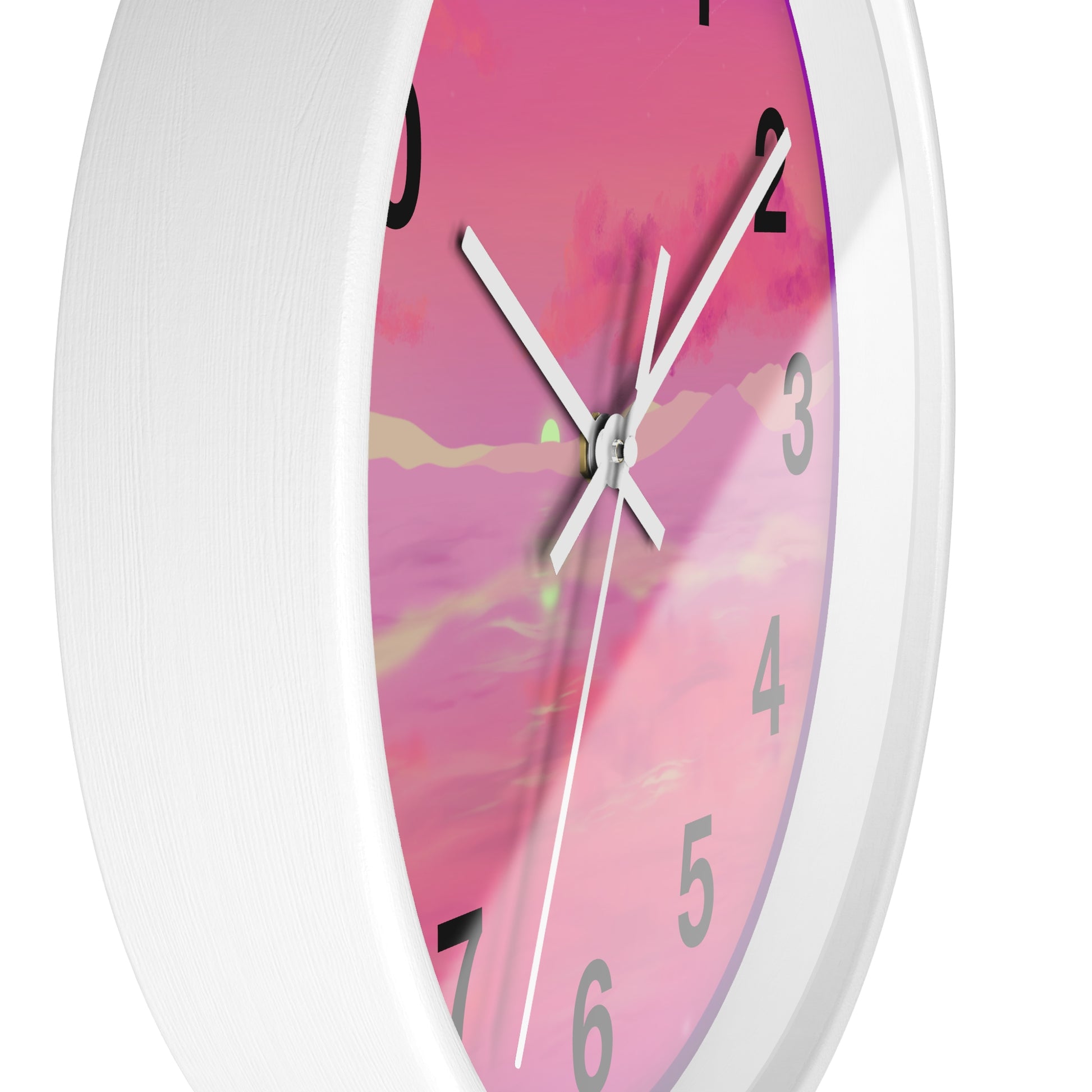 This is the 10" White Base Pink Dreamscape Wall Clock with white hands by Lee Hansheng Studios.The image is from the side which shows the rim of the clock. There are two white clock hands, black numerals and the illustration behind it.The illustration has the sky and clouds. Different pinks and hues blended into the clouds and spreads outwards.There are dark purples on the side and yellows near the middle of the art piece. It is against a white background.