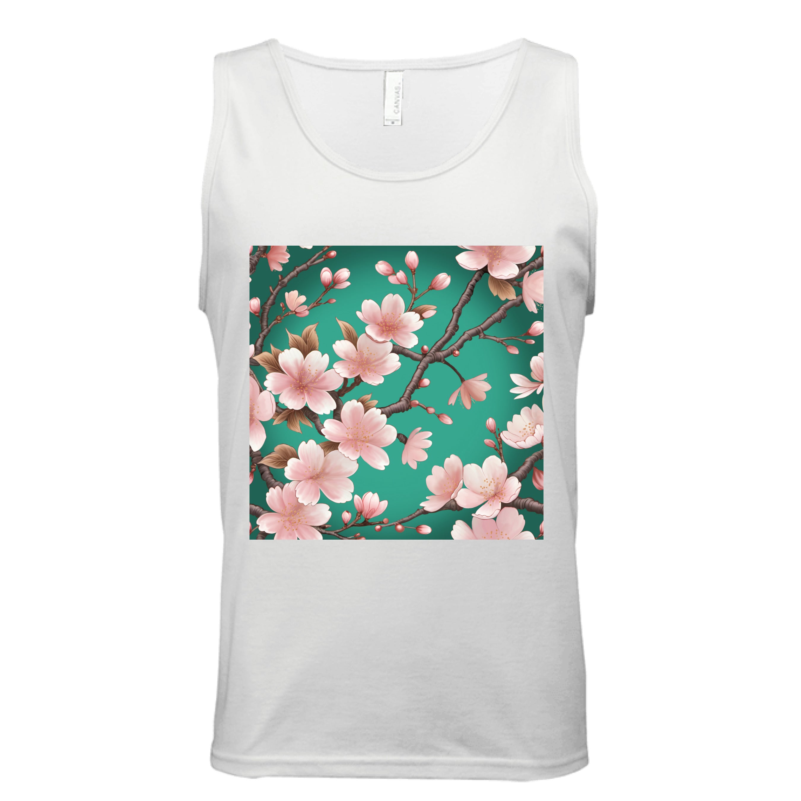 This is the White Sakura Tank by Lee Hansheng Studios. This is showcasing the front of the tank. The illustration has a vibrant green background with soft pink cherry blossom blooms of petals on dark brown/grey branches celebrating hanami season. There are fully bloomed flowers and some buds throughout. The white size tag can be seen from the back. The image is from the chest to belly button. It is against a white background. 