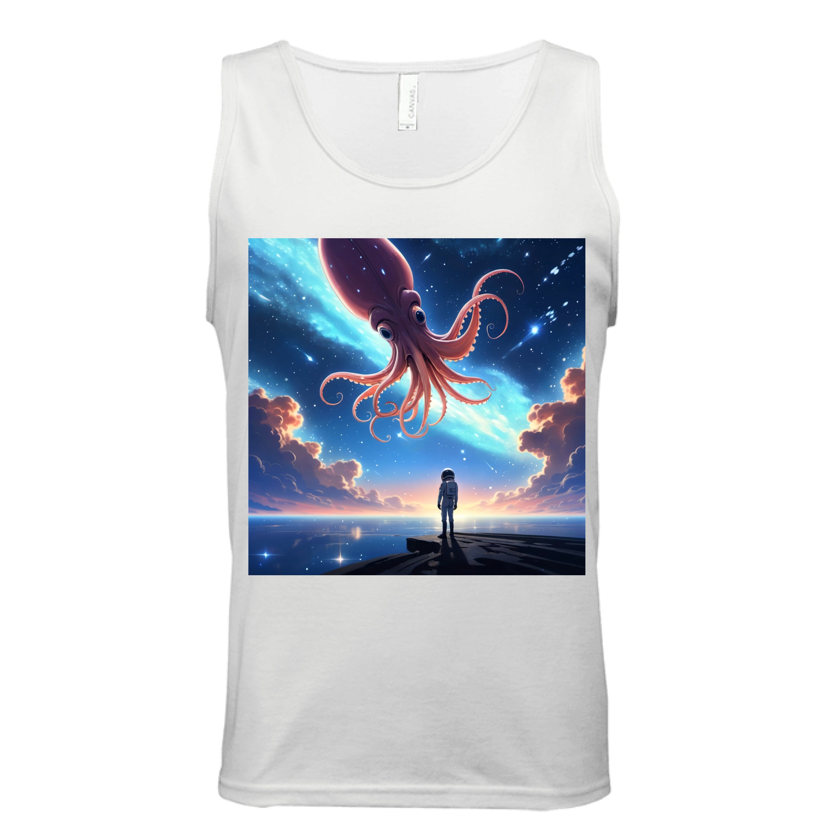 This is the White Star Maker Tank by Lee Hansheng Studios. This is showcasing the front. The illustration features a lone astronaut in white, standing on a dark surface gazing at a pink octo-squid alien, drifting through a sky. The sky is alive with stars, nebulae, and clouds. The clouds are drifting up at the right and left with pink/blue hues. The sky is a light blue and the drifting stars behind the animal is a light blue. It is against a white background. 