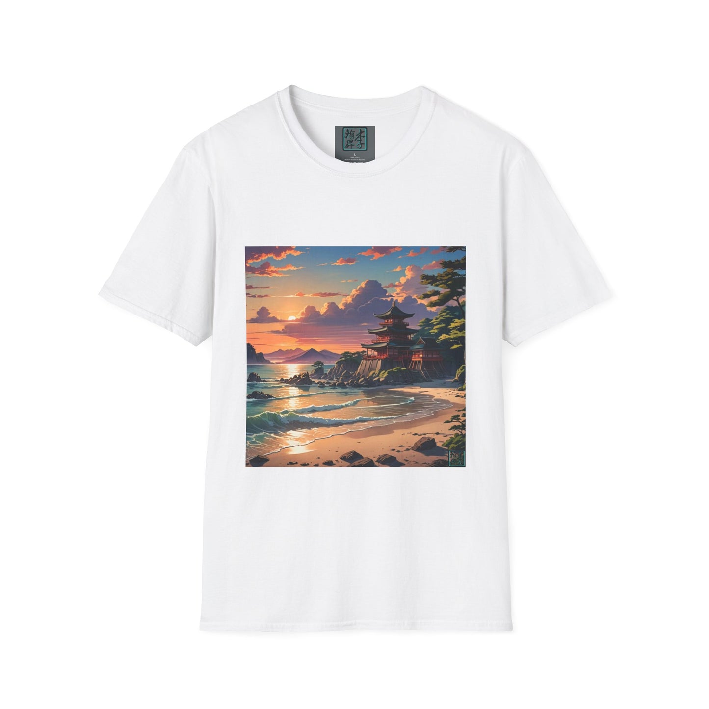 This is the White Temple of Peace Softstyle T-Shirt by Lee Hansheng Studios. It comes in sizes S-5XL. This is an image of the shirt from the front. On the inside of the shirt there is the studio's logo. The illustration shows a setting red/orange sun above clouds,two blue roof,brown/red walled temples on the right on top of the hills,mountains,blue/white waves into sand and a forest to the right.On the bottom right corner is the logo printed in black for the studio and outlined in blue. 