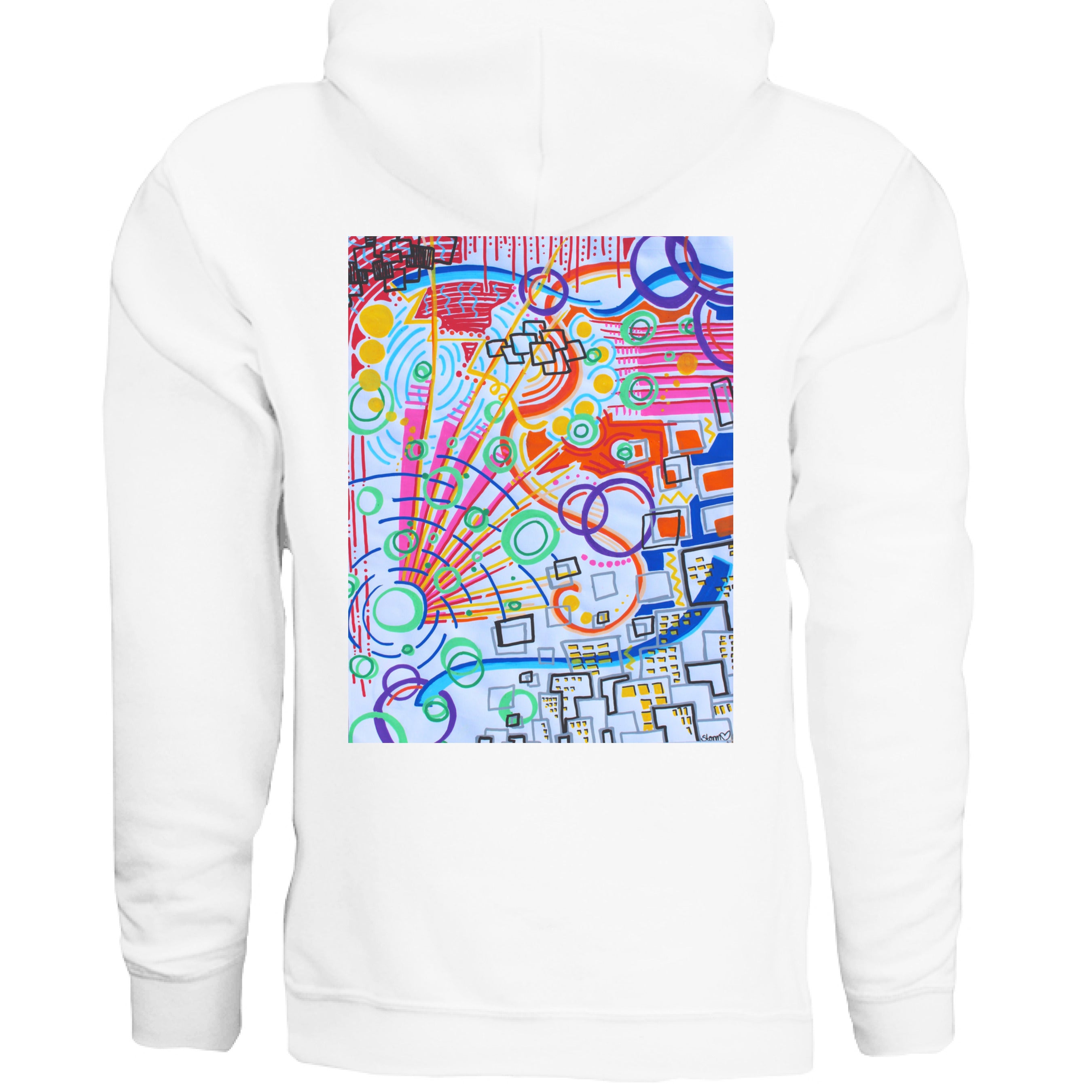 This is the White The City Hoodie by Storm Garden Studio. This image is showcasing the back of the hoodie. There is an illustration right under the hood. It is a rectangular illustration with geometric shapes and city buildings to the right. There are squares, circles, sun rays, dots, in purples, red, pink, lime green, yellow, grey, blue and black. The background for the illustration is a light blue. The hoodie is against a white background. 