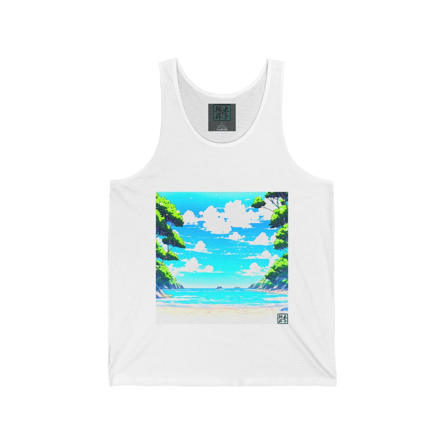 This is the White Tranquil Cove Tank by Lee Hansheng Studios. This is the image tank from the front. The illustration is squared and shows an image from the beach looking outwards. There is bright blue skies, white fluffly clouds reflected in the sea with trees lining both sides. The inside of the tank has the studio's logo in black, outlined in blue on a gray label. The sizes underneath the logo in white. 