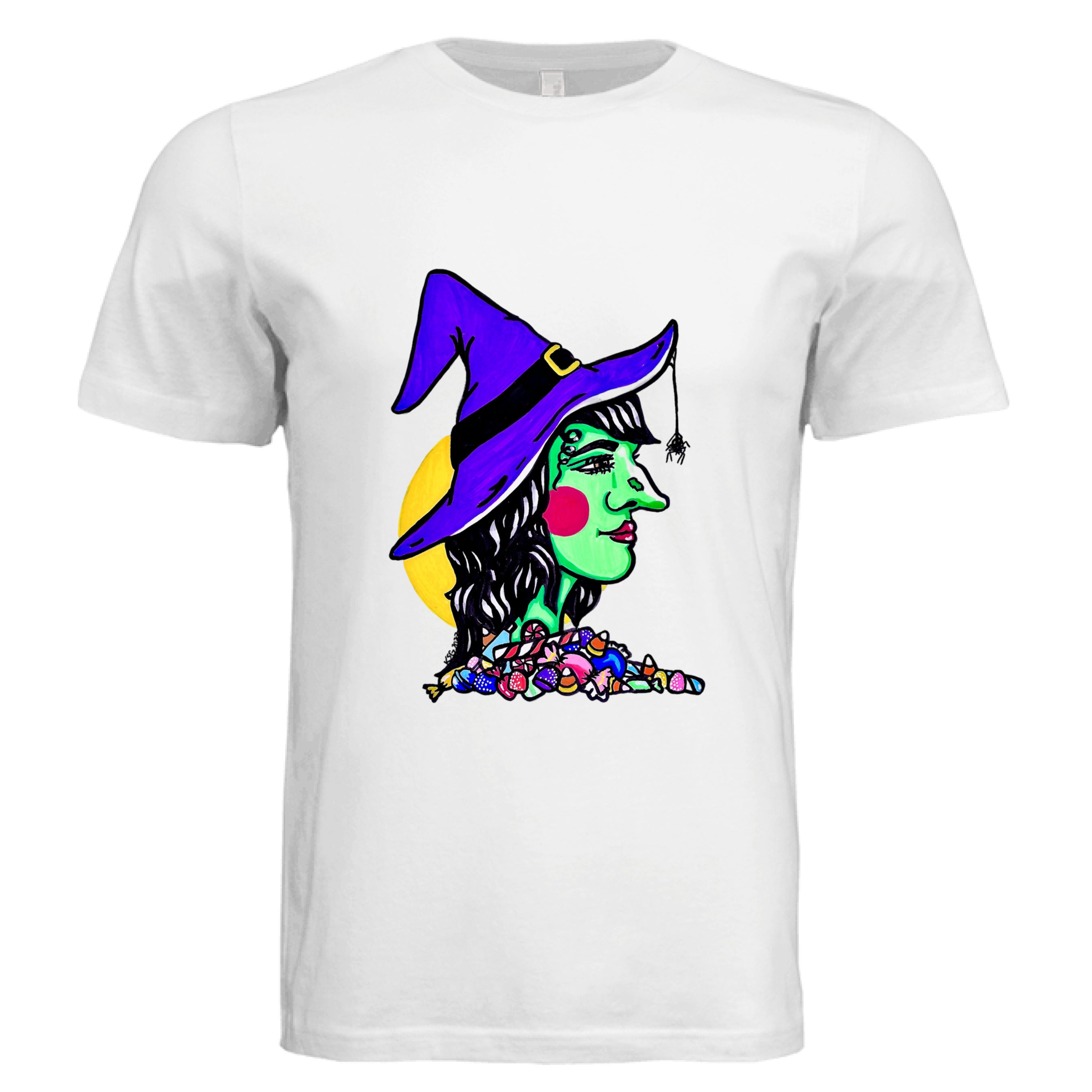 This is the White Witch T-Shirt by Storm Garden Studio. This is showcasing from the front. The illustration is of a green skinned witch facing te right, purple witch hat with spider coming down, bright red circular cheeks and red lips, black wavy hair with assorted candies below her neck. There are candy corns, jelly, peppermints, stix in all differentcolors. The background is a bright yellow circle behind the back end of her head. The shirt is against a white background.