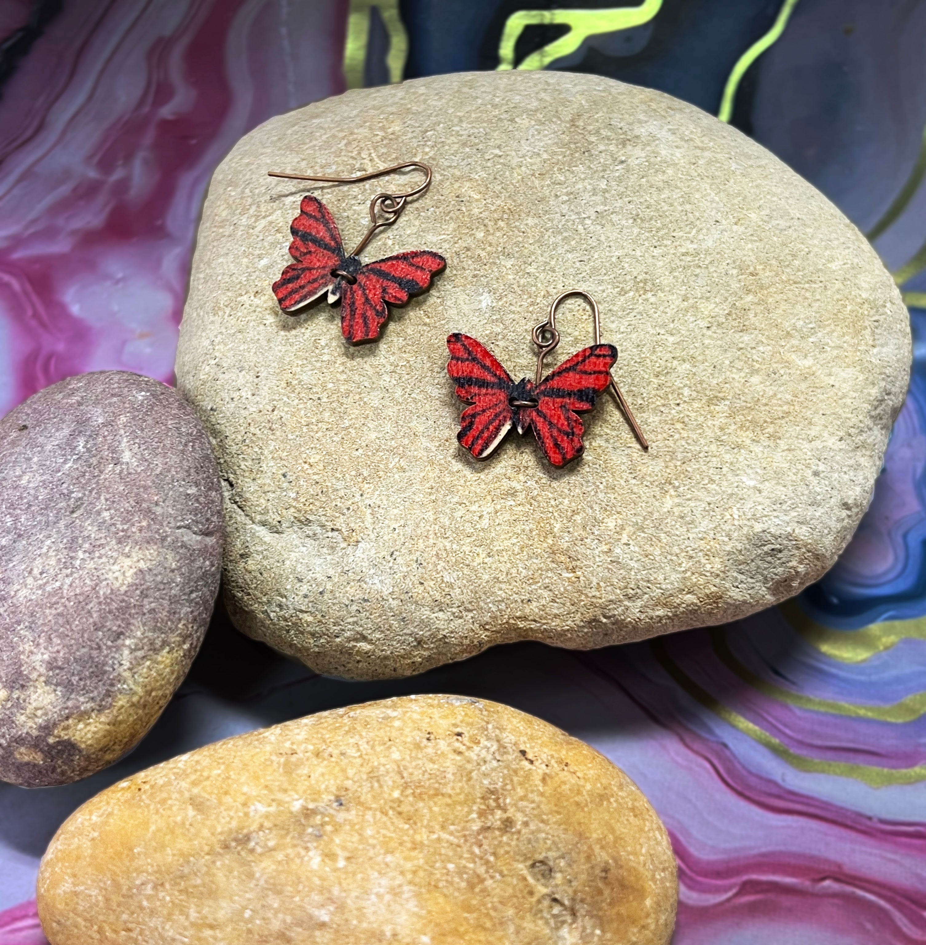 Red & Black Butterfly Earrings On Brass French Hooks