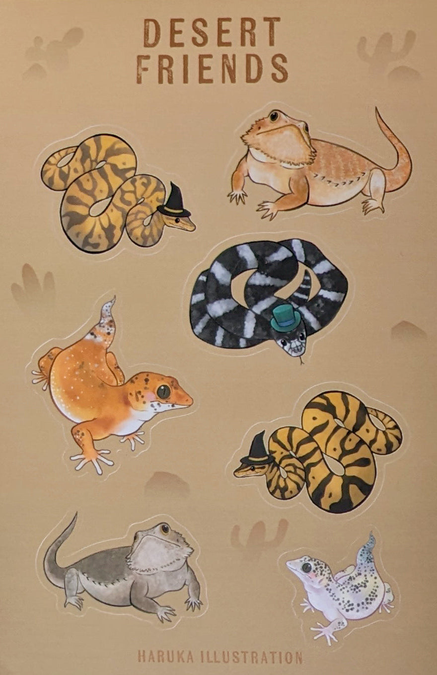 Desert-themed illustration sheet with desert animals on a beige background