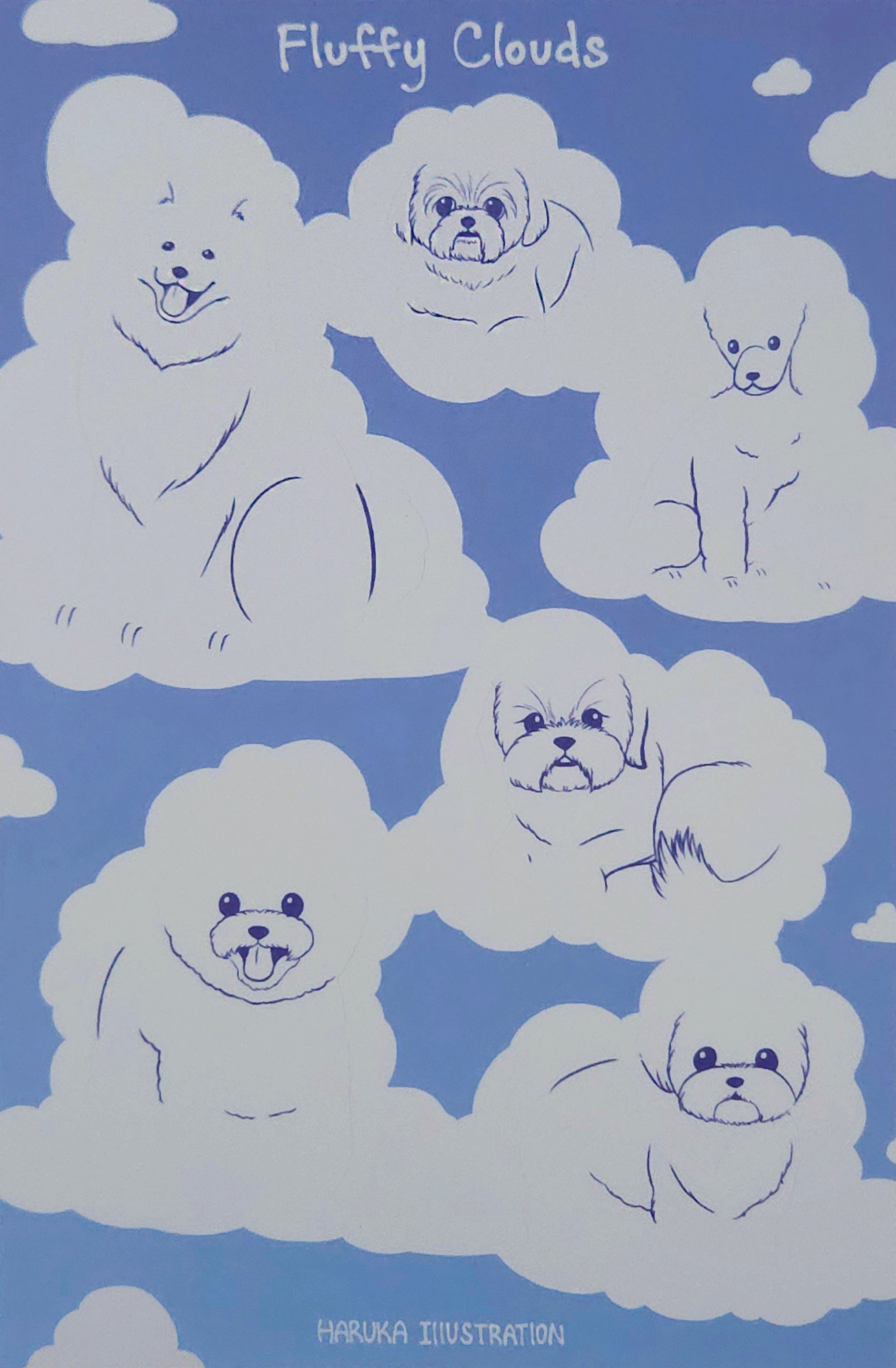 Illustrations of dogs shaped like fluffy dog clouds on a blue background with 'Fluffy Clouds' text at the top.