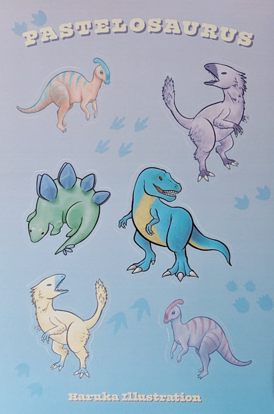 Illustrations of dinosaurs on a light blue background with 'Pastelosaurus' text.