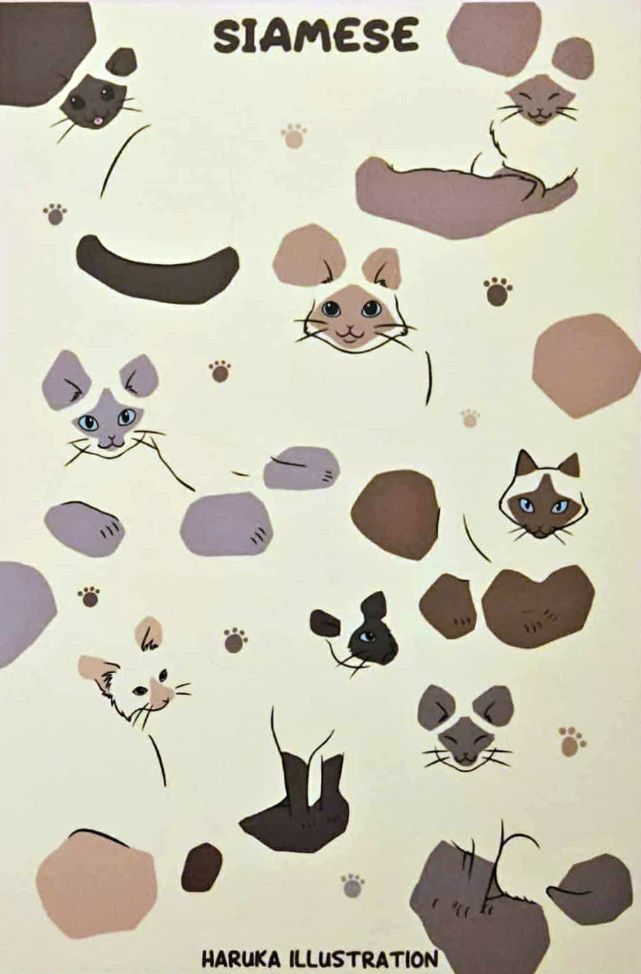 Illustrations of Siamese cats stickers and related elements on a light background with 'Haruka Illustration' credit.
