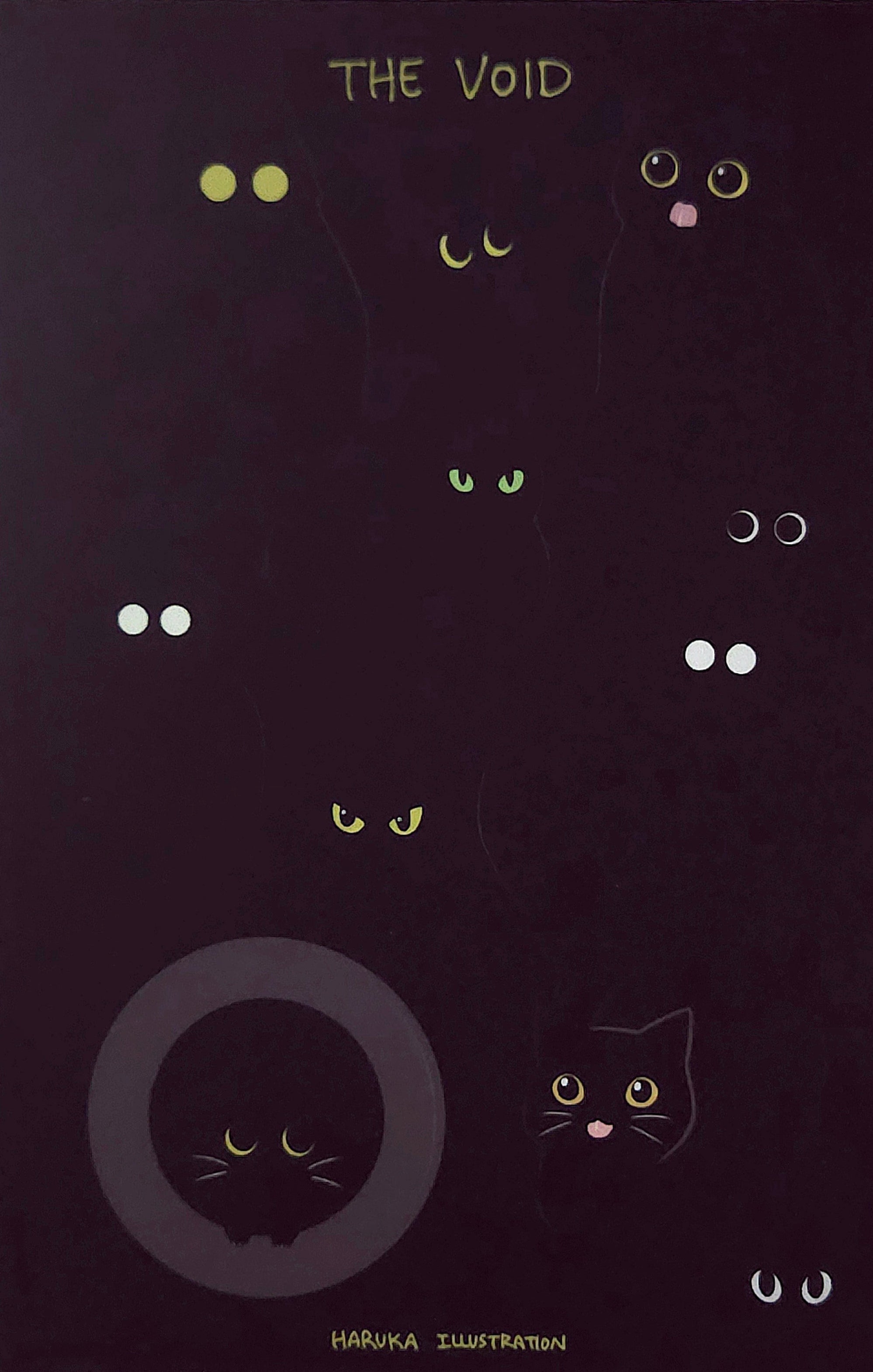Illustration of black cats with glowing eyes on a dark background, titled 'The Void'. cats will reveal themselves when you peel stickers. 